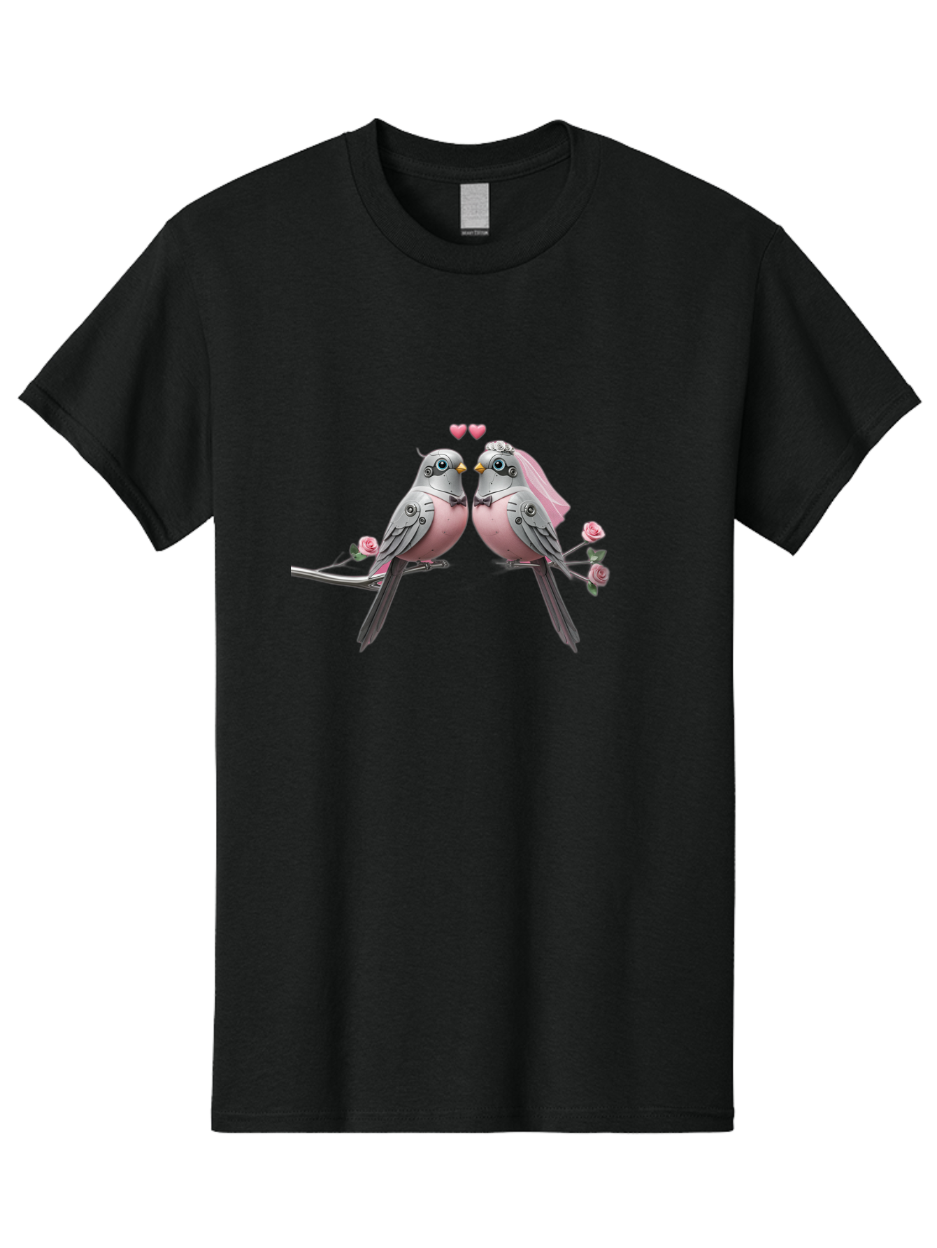 Two-Birds Men'S Graphic Tee, 100% Cotton, Comfortable Casual Summer Wear, Machine Washable, Love Birds, Couple Birds, Pink Birds On Branch, Birds With Wedding Veil, Birds Kissing, Pink Roses, Romantic Birds, Bird Couple, Adorable Birds, Bab560
