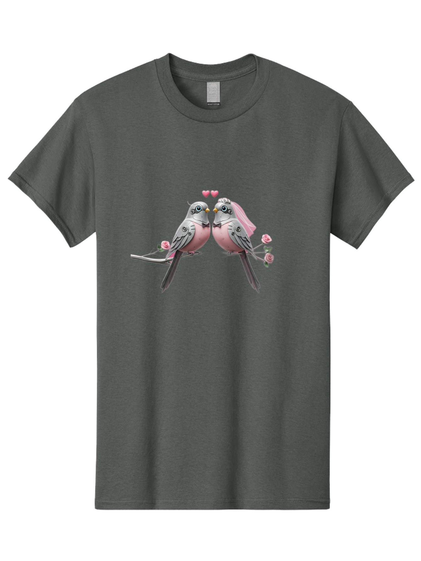 Two-Birds Men'S Graphic Tee, 100% Cotton, Comfortable Casual Summer Wear, Machine Washable, Love Birds, Couple Birds, Pink Birds On Branch, Birds With Wedding Veil, Birds Kissing, Pink Roses, Romantic Birds, Bird Couple, Adorable Birds, Bab560