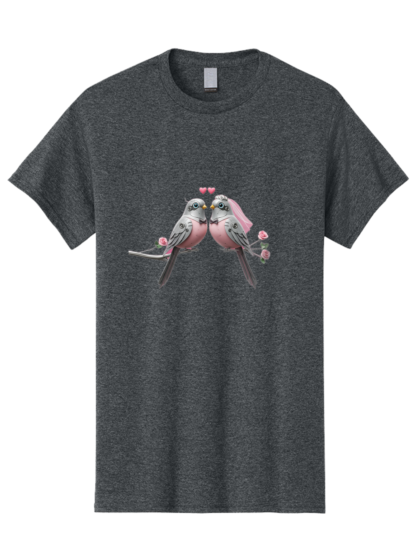 Two-Birds Men'S Graphic Tee, 100% Cotton, Comfortable Casual Summer Wear, Machine Washable, Love Birds, Couple Birds, Pink Birds On Branch, Birds With Wedding Veil, Birds Kissing, Pink Roses, Romantic Birds, Bird Couple, Adorable Birds, Bab560