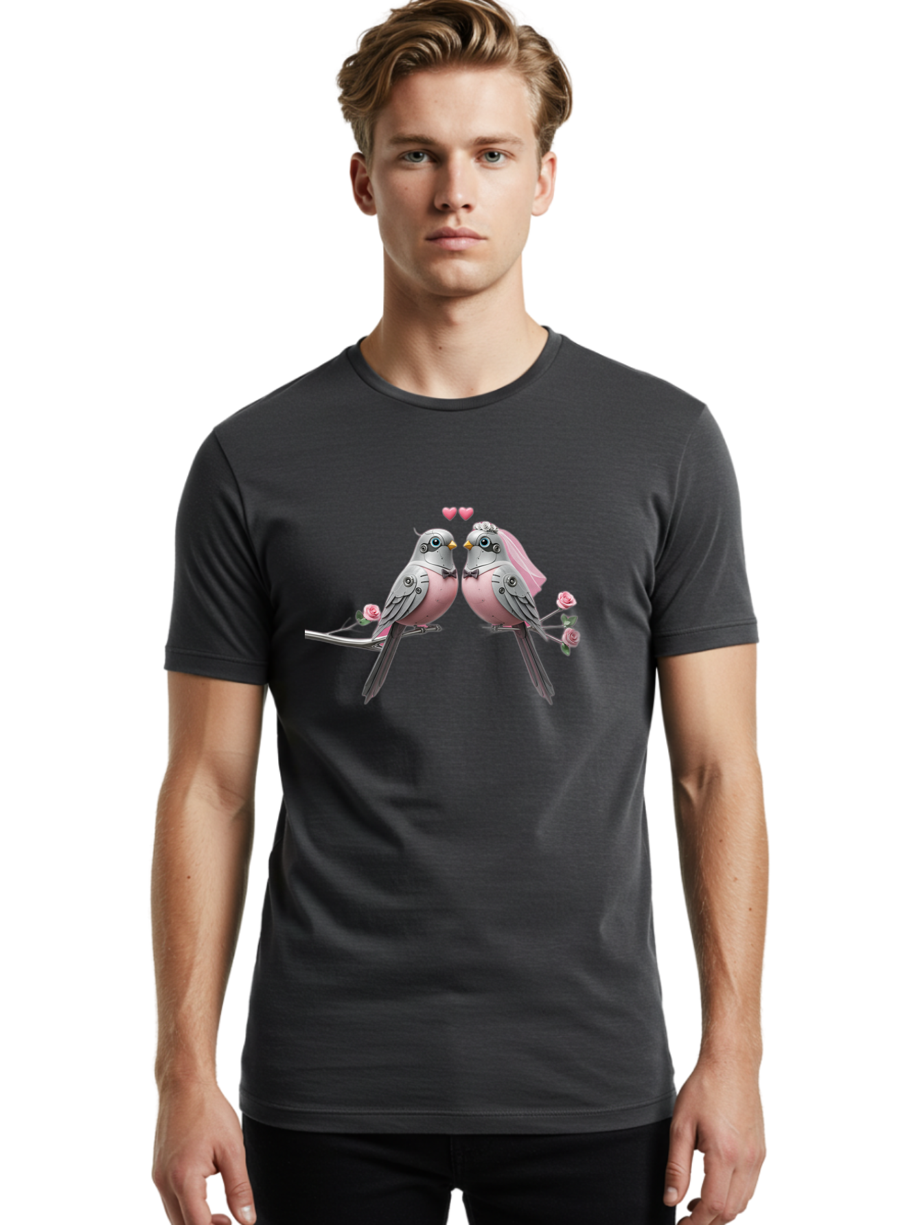 Two-Birds Men'S Graphic Tee, 100% Cotton, Comfortable Casual Summer Wear, Machine Washable, Love Birds, Couple Birds, Pink Birds On Branch, Birds With Wedding Veil, Birds Kissing, Pink Roses, Romantic Birds, Bird Couple, Adorable Birds, Bab560
