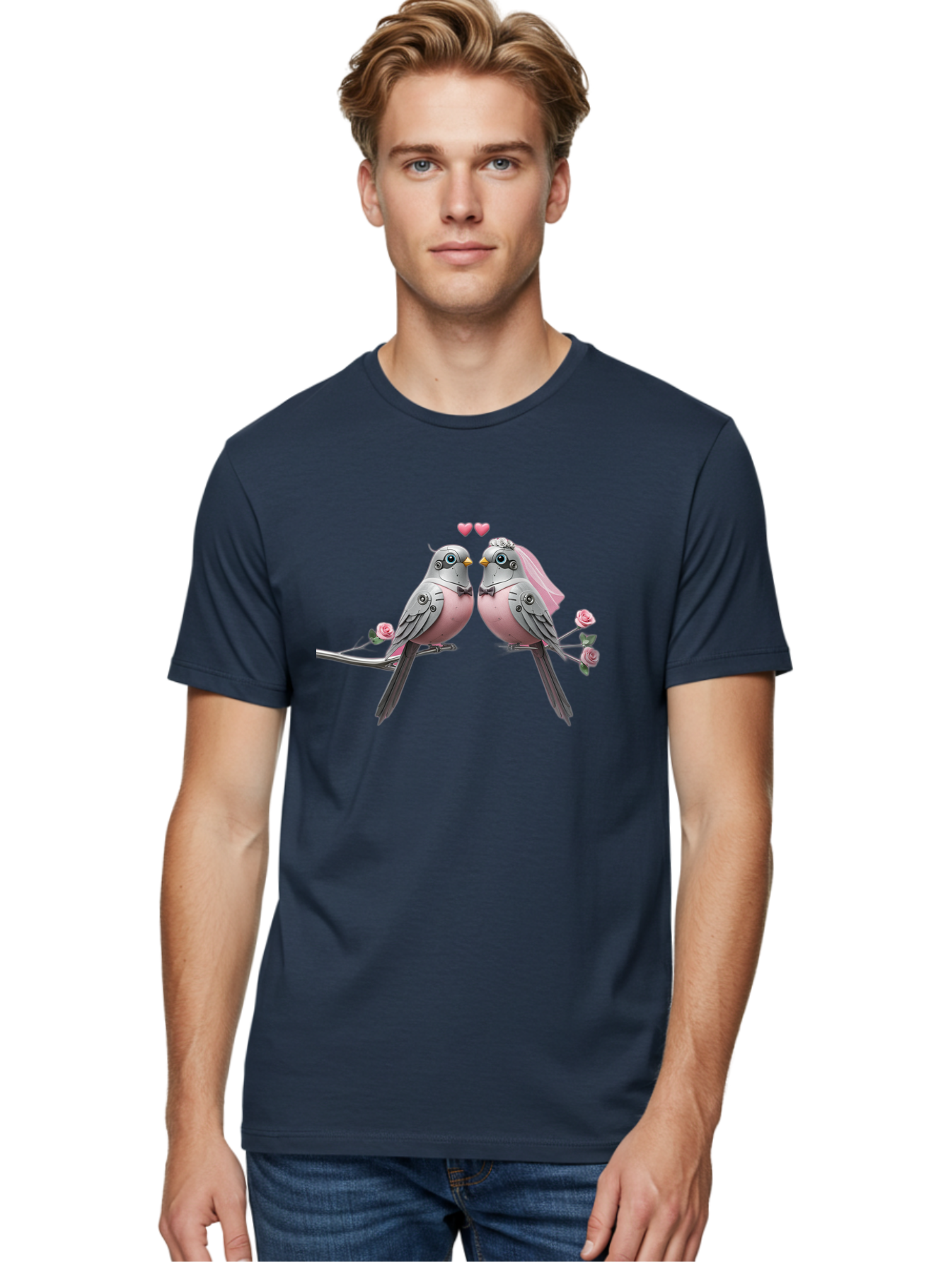 Two-Birds Men'S Graphic Tee, 100% Cotton, Comfortable Casual Summer Wear, Machine Washable, Love Birds, Couple Birds, Pink Birds On Branch, Birds With Wedding Veil, Birds Kissing, Pink Roses, Romantic Birds, Bird Couple, Adorable Birds, Bab560