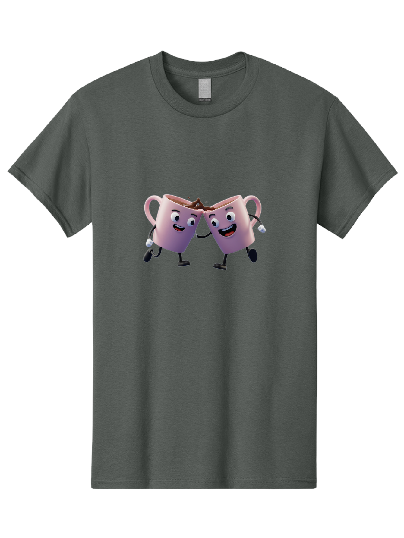 Two-Pink-Coffee-Mugs Men'S Graphic Tee, 100% Cotton, Comfortable Casual Summer Wear, Machine Washable, Coffee Mugs Cheering, Cartoon Characters, Happy Faces, Coffee Lovers, Friendship, Joyful Moments, Coffee Culture, Playful Design, Bab562