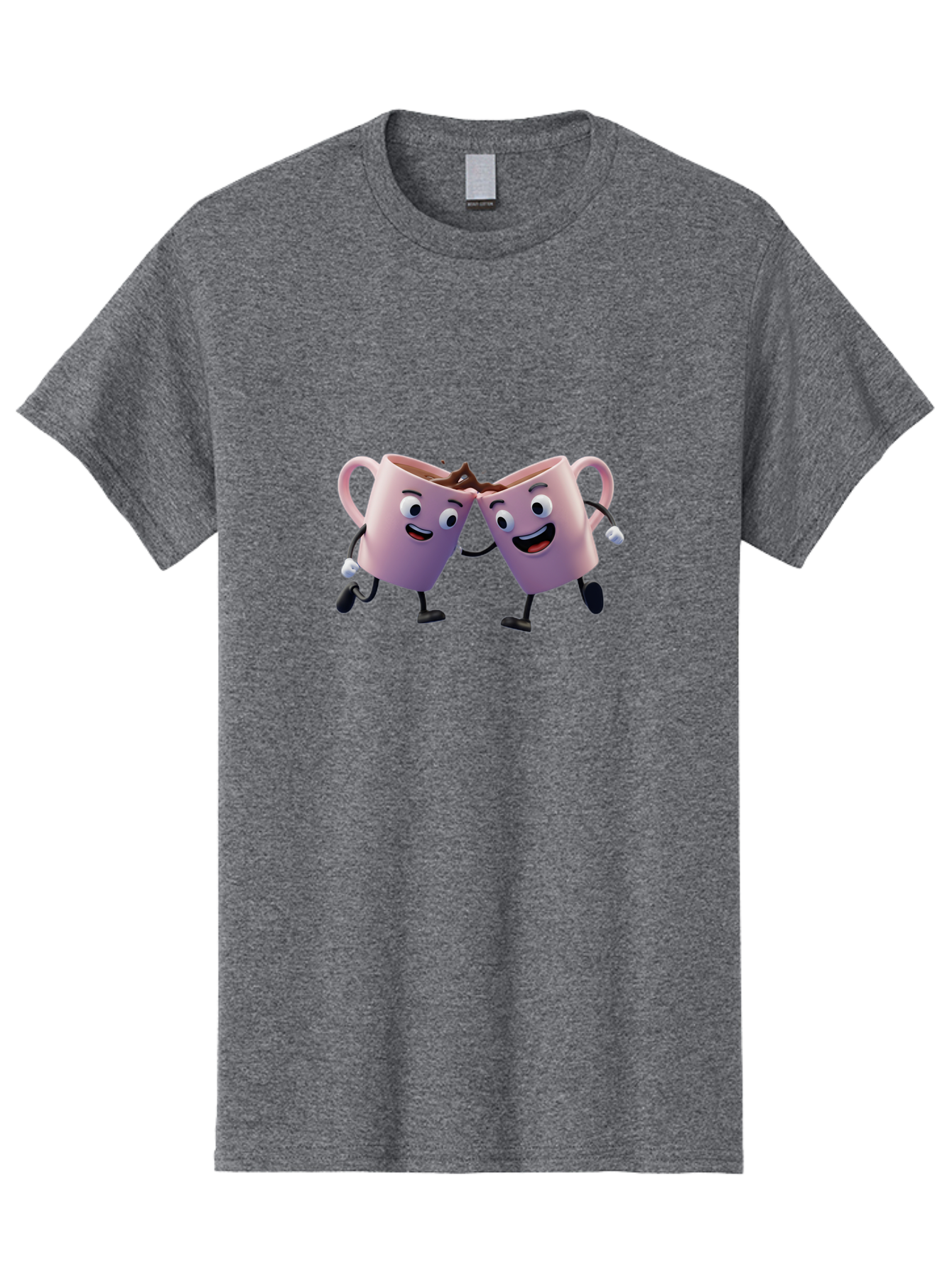 Two-Pink-Coffee-Mugs Men'S Graphic Tee, 100% Cotton, Comfortable Casual Summer Wear, Machine Washable, Coffee Mugs Cheering, Cartoon Characters, Happy Faces, Coffee Lovers, Friendship, Joyful Moments, Coffee Culture, Playful Design, Bab562