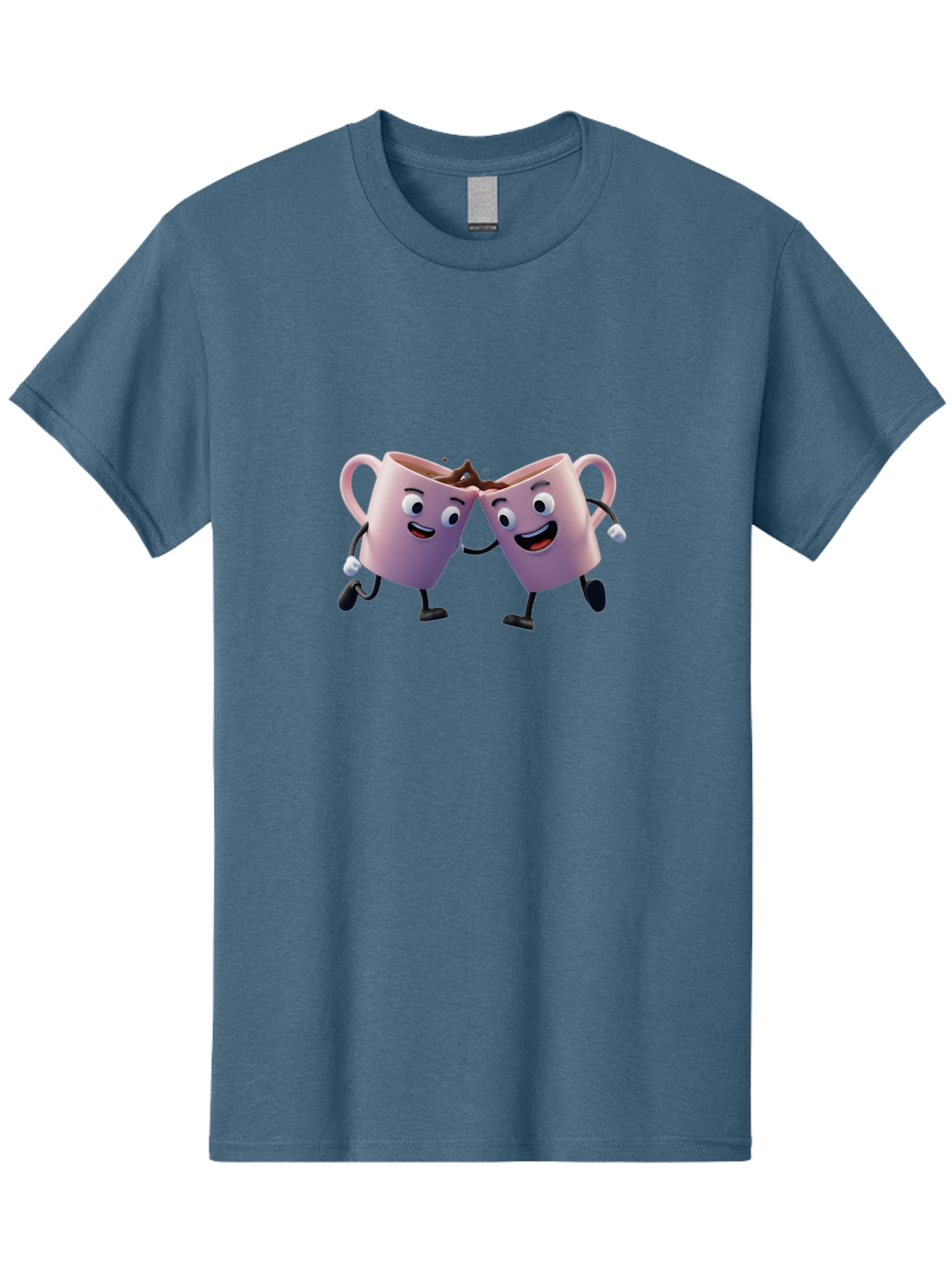 Two-Pink-Coffee-Mugs Men'S Graphic Tee, 100% Cotton, Comfortable Casual Summer Wear, Machine Washable, Coffee Mugs Cheering, Cartoon Characters, Happy Faces, Coffee Lovers, Friendship, Joyful Moments, Coffee Culture, Playful Design, Bab562