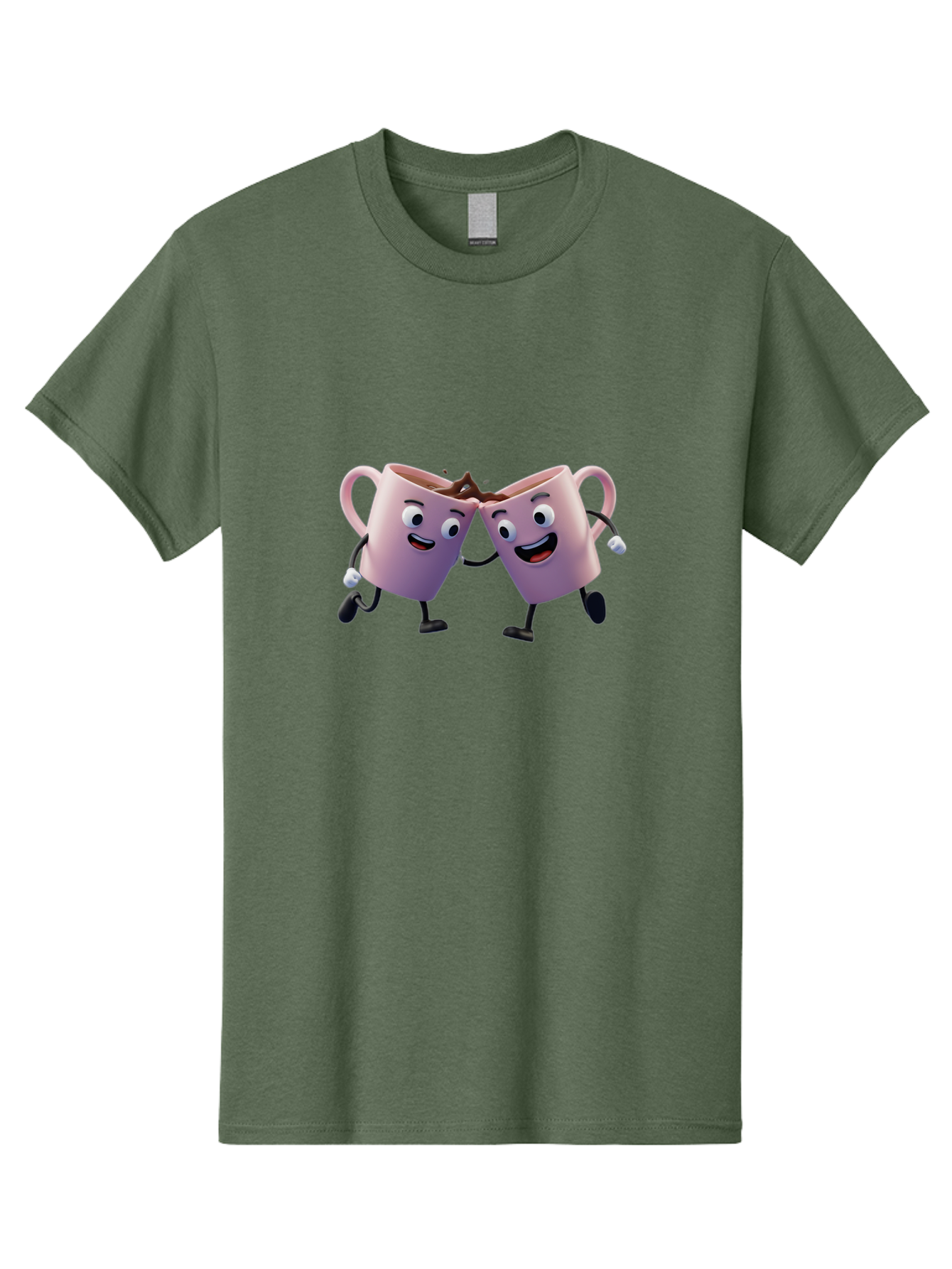 Two-Pink-Coffee-Mugs Men'S Graphic Tee, 100% Cotton, Comfortable Casual Summer Wear, Machine Washable, Coffee Mugs Cheering, Cartoon Characters, Happy Faces, Coffee Lovers, Friendship, Joyful Moments, Coffee Culture, Playful Design, Bab562