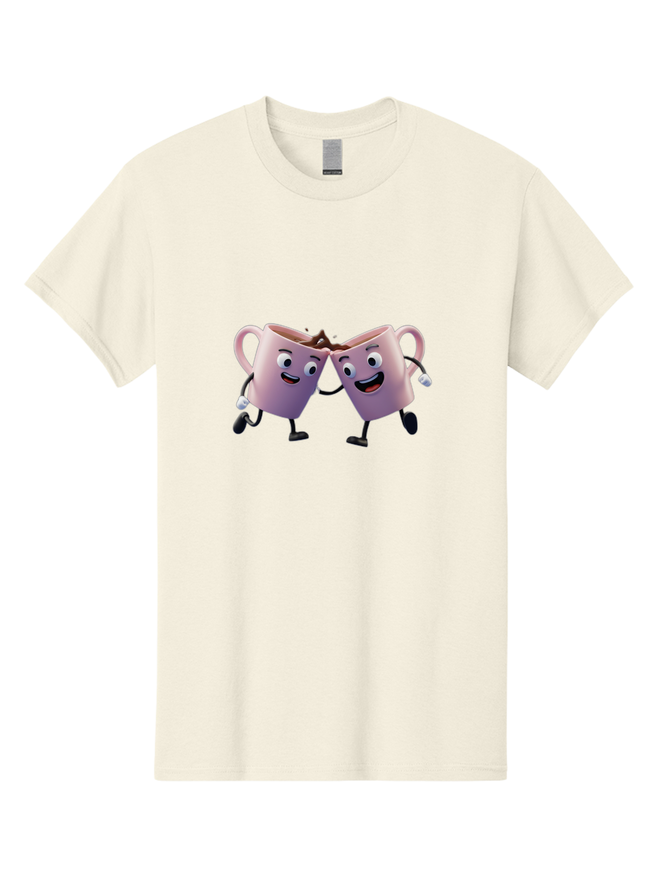 Two-Pink-Coffee-Mugs Men'S Graphic Tee, 100% Cotton, Comfortable Casual Summer Wear, Machine Washable, Coffee Mugs Cheering, Cartoon Characters, Happy Faces, Coffee Lovers, Friendship, Joyful Moments, Coffee Culture, Playful Design, Bab562