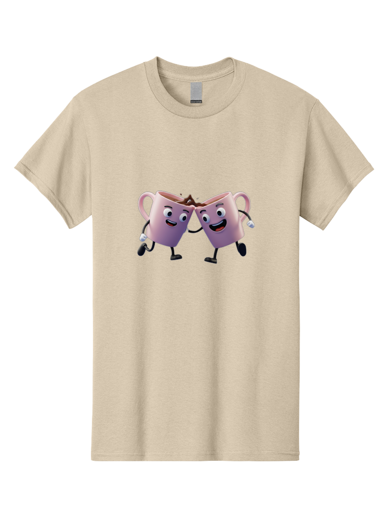 Two-Pink-Coffee-Mugs Men'S Graphic Tee, 100% Cotton, Comfortable Casual Summer Wear, Machine Washable, Coffee Mugs Cheering, Cartoon Characters, Happy Faces, Coffee Lovers, Friendship, Joyful Moments, Coffee Culture, Playful Design, Bab562