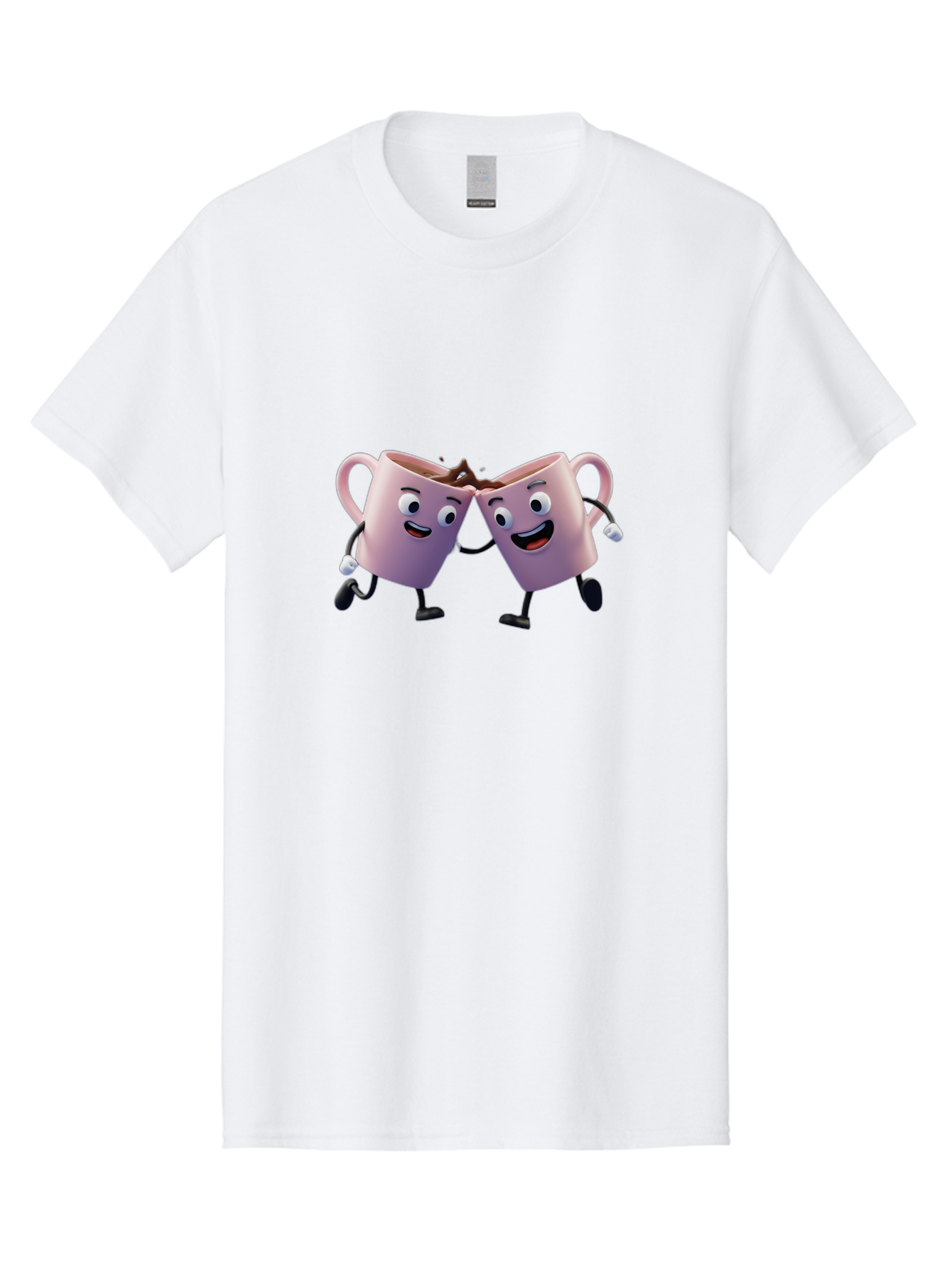 Two-Pink-Coffee-Mugs Men'S Graphic Tee, 100% Cotton, Comfortable Casual Summer Wear, Machine Washable, Coffee Mugs Cheering, Cartoon Characters, Happy Faces, Coffee Lovers, Friendship, Joyful Moments, Coffee Culture, Playful Design, Bab562