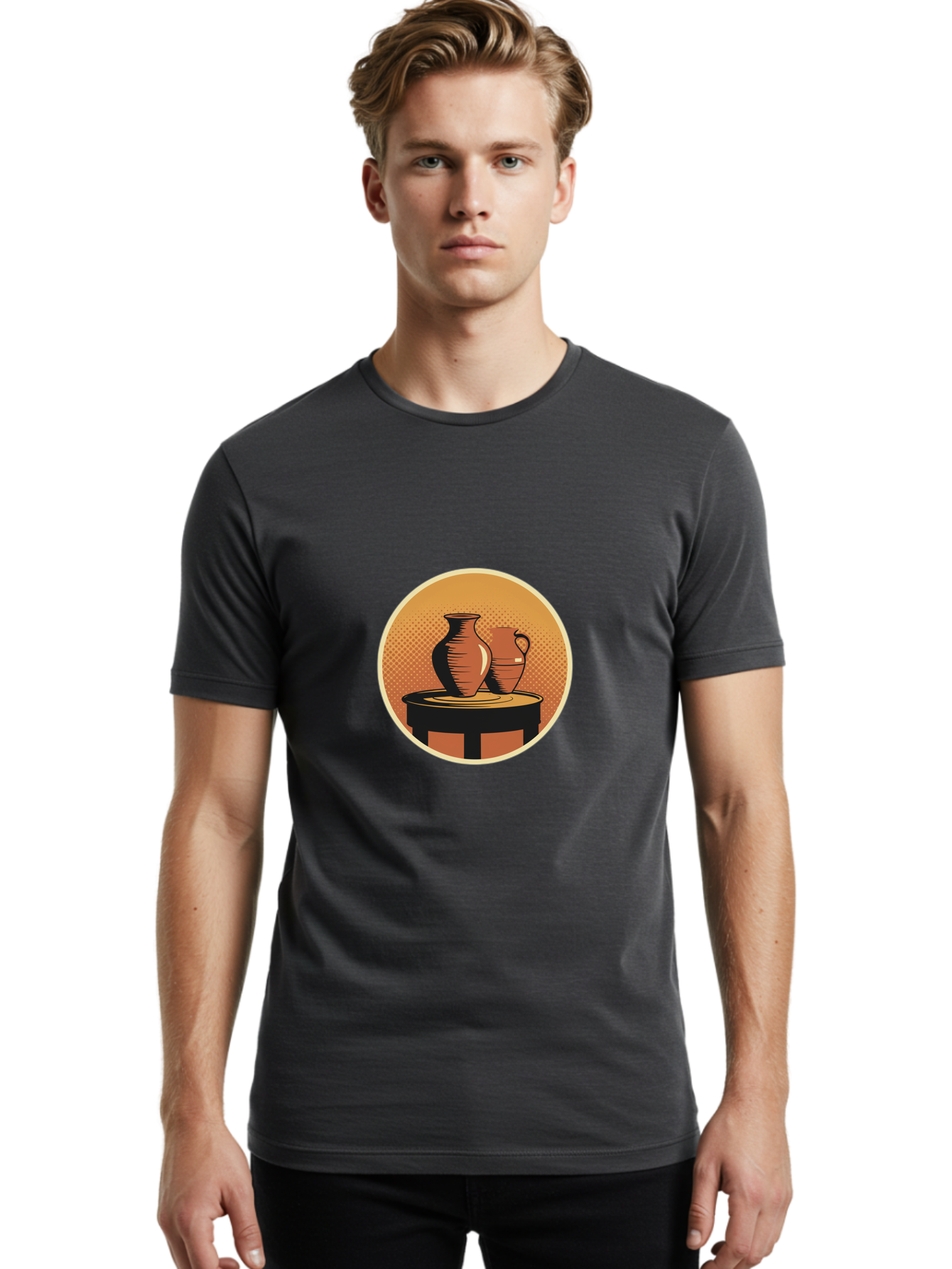 Two-Vases-On-Table Men'S Graphic Tee, 100% Cotton, Comfortable Casual Summer Wear, Machine Washable, Vintage Clay Jugs, Pottery, Ceramic Vases, Traditional Craftsmanship, Warm, Earthy Tones, Rustic, Textured Background, Antique, Classic Decor Bab564