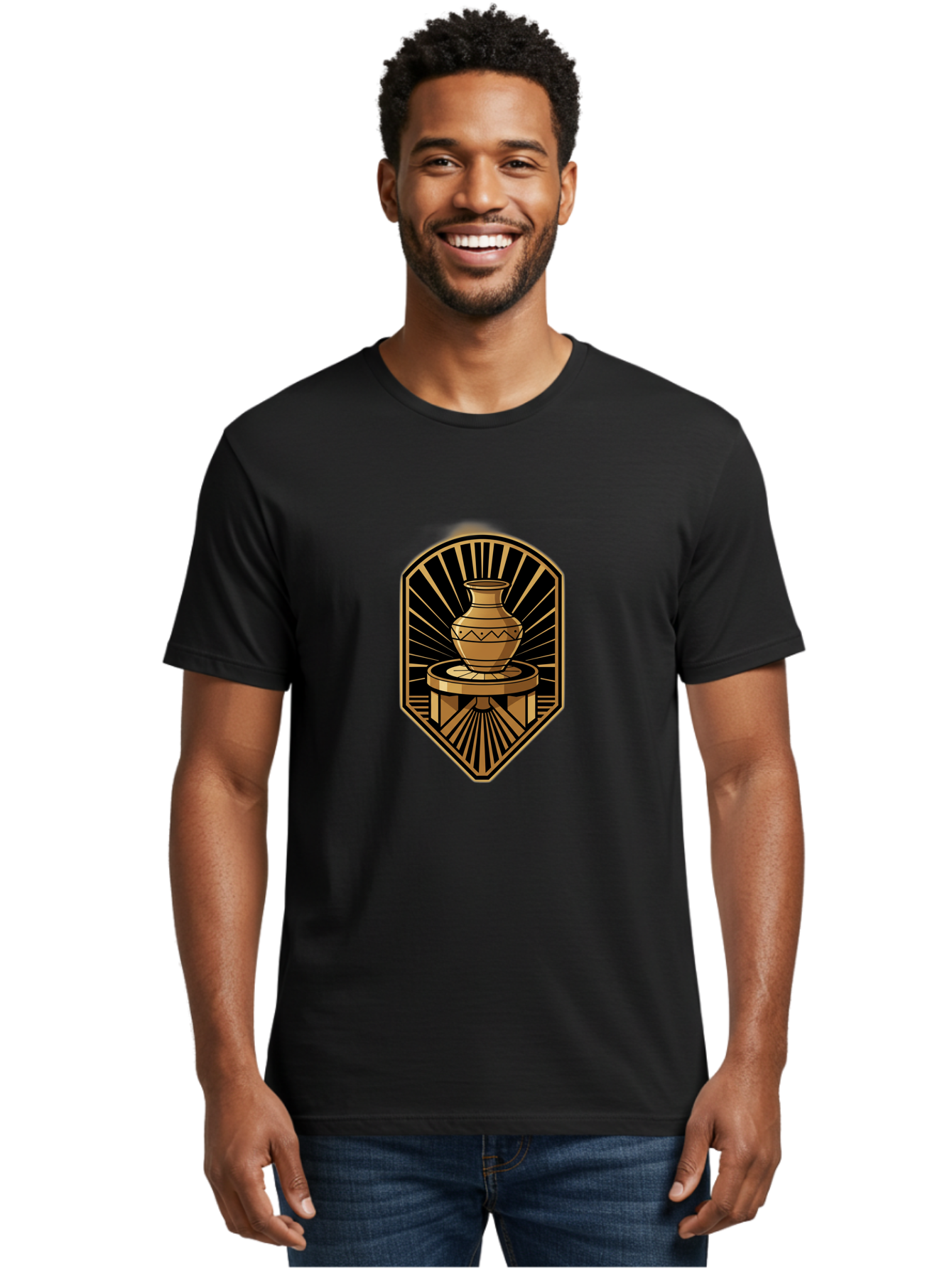 Vase-On-Pedestal Men'S Graphic Tee, 100% Cotton, Comfortable Casual Summer Wear, Machine Washable, Golden Vase, Decorative Pot, Ornate Design, Geometric Patterns, Luxurious Feel, Ancient Artifact, Stylish Decor, Elegant Display, Bab569