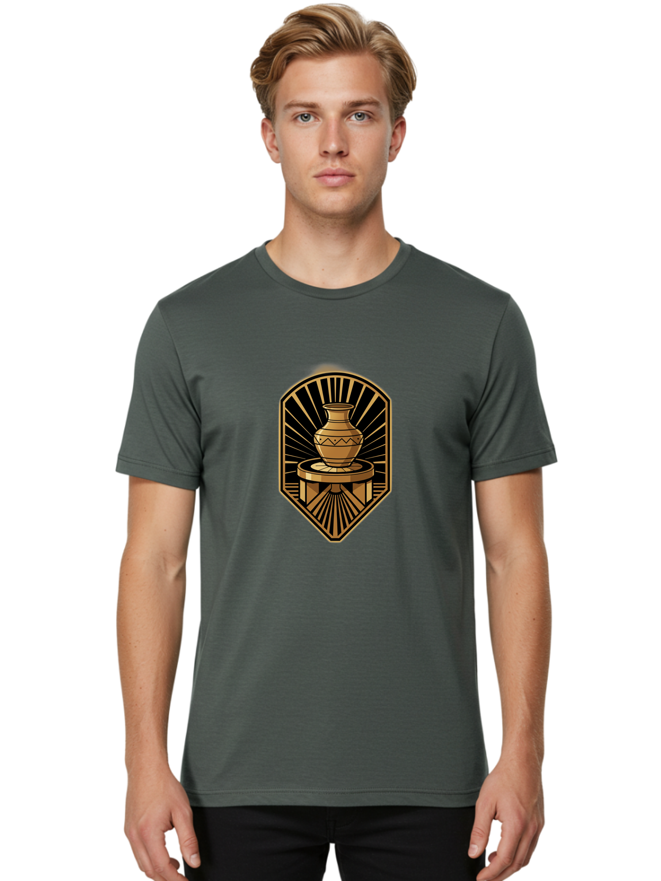 Vase-On-Pedestal Men'S Graphic Tee, 100% Cotton, Comfortable Casual Summer Wear, Machine Washable, Golden Vase, Decorative Pot, Ornate Design, Geometric Patterns, Luxurious Feel, Ancient Artifact, Stylish Decor, Elegant Display, Bab569