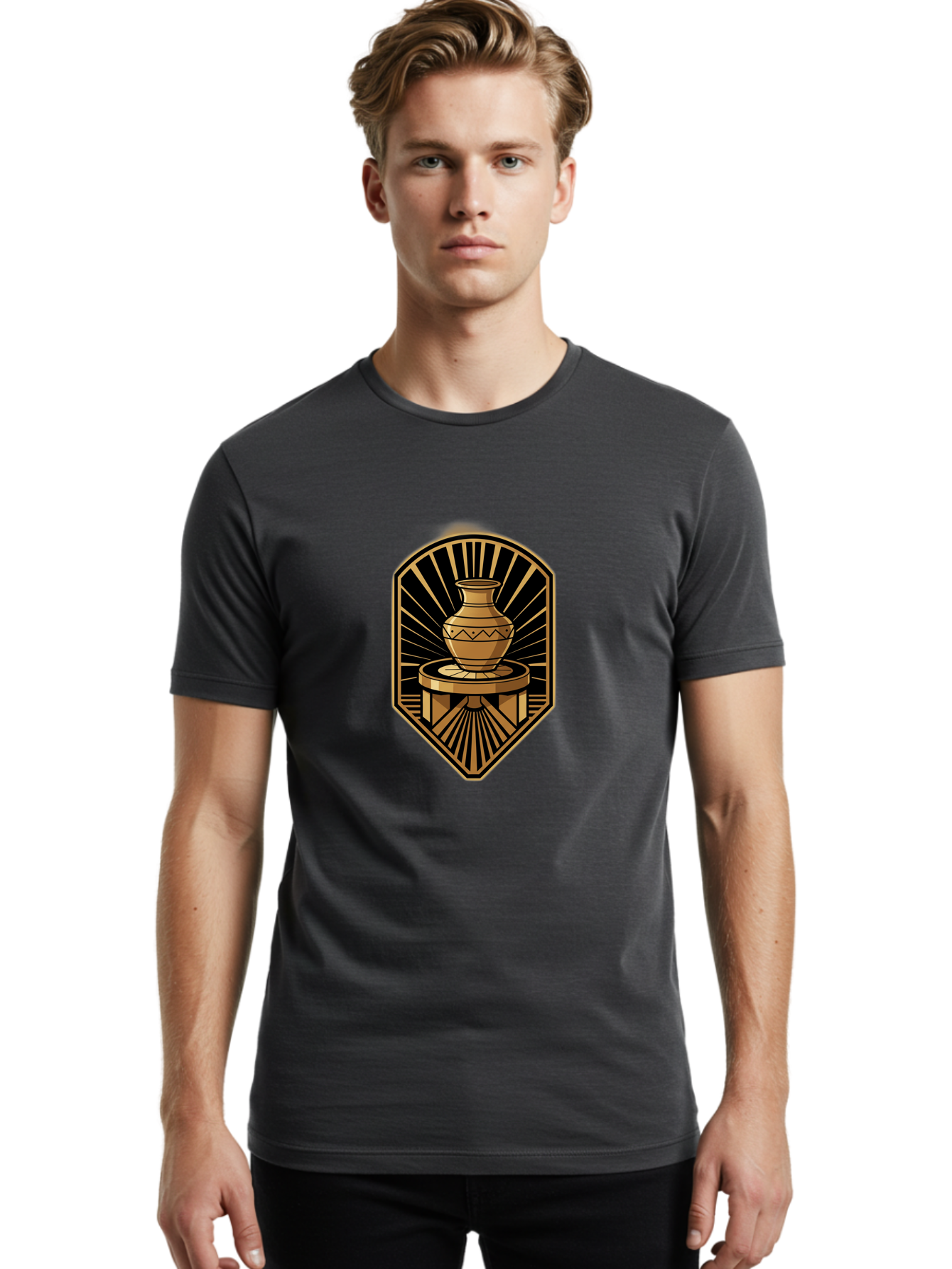 Vase-On-Pedestal Men'S Graphic Tee, 100% Cotton, Comfortable Casual Summer Wear, Machine Washable, Golden Vase, Decorative Pot, Ornate Design, Geometric Patterns, Luxurious Feel, Ancient Artifact, Stylish Decor, Elegant Display, Bab569
