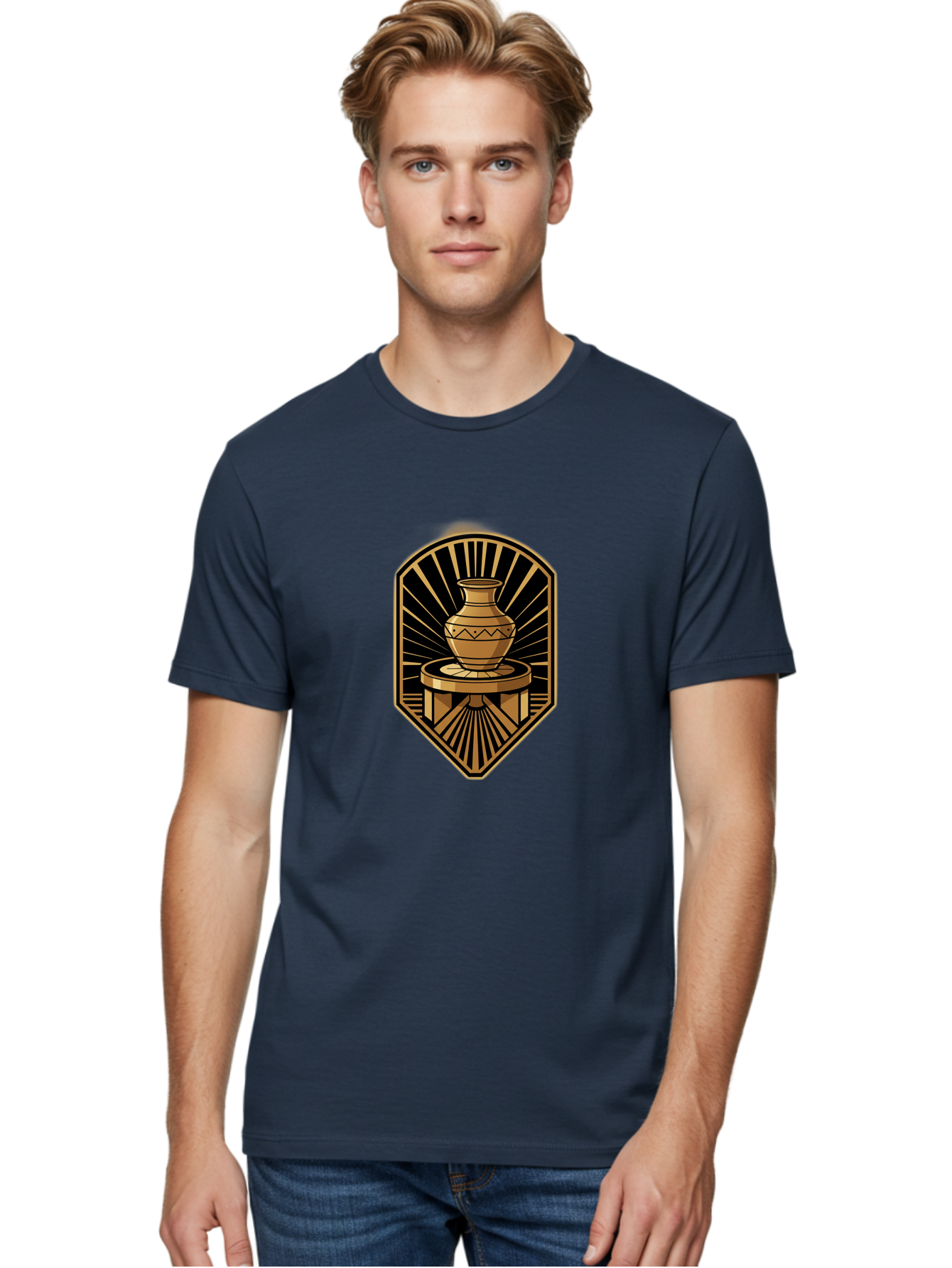 Vase-On-Pedestal Men'S Graphic Tee, 100% Cotton, Comfortable Casual Summer Wear, Machine Washable, Golden Vase, Decorative Pot, Ornate Design, Geometric Patterns, Luxurious Feel, Ancient Artifact, Stylish Decor, Elegant Display, Bab569