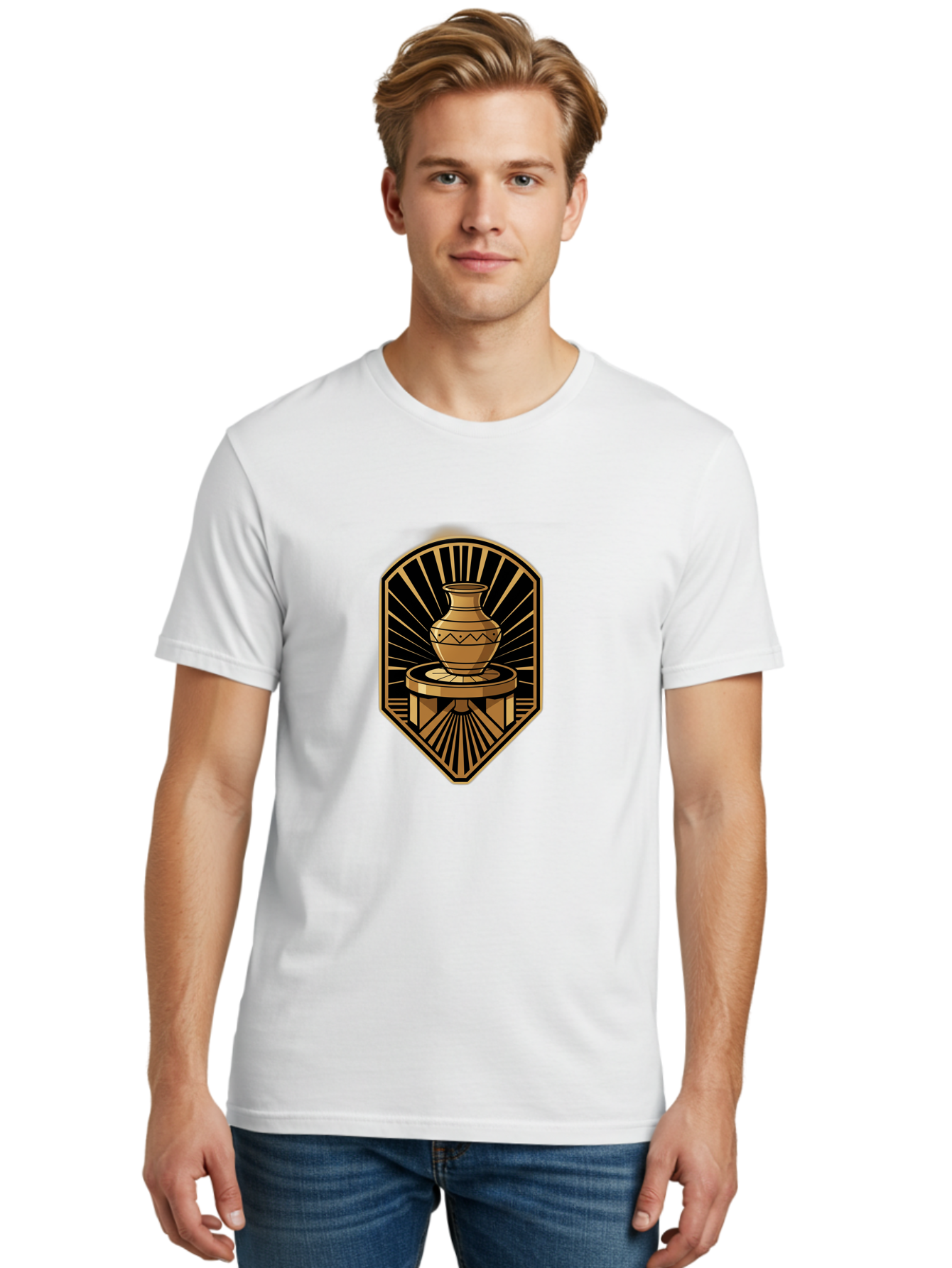 Vase-On-Pedestal Men'S Graphic Tee, 100% Cotton, Comfortable Casual Summer Wear, Machine Washable, Golden Vase, Decorative Pot, Ornate Design, Geometric Patterns, Luxurious Feel, Ancient Artifact, Stylish Decor, Elegant Display, Bab569