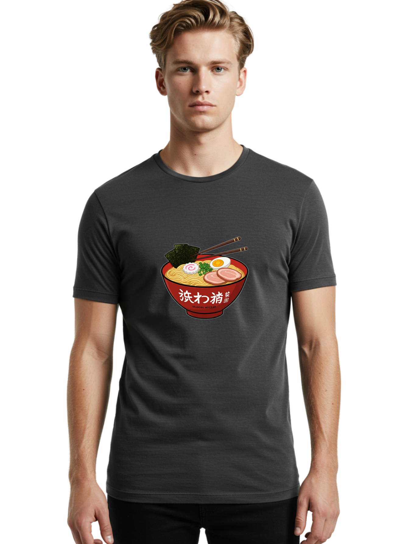 Velqal-Woosap Men'S Graphic Tee, 100% Cotton, Comfortable Casual Summer Wear, Machine Washable, Ramen Noodles, Egg, Seaweed, Pork Slices, Asian Cuisine, Japanese Food, Noodle Soup, Chopsticks, Velogal Woccar Bab570