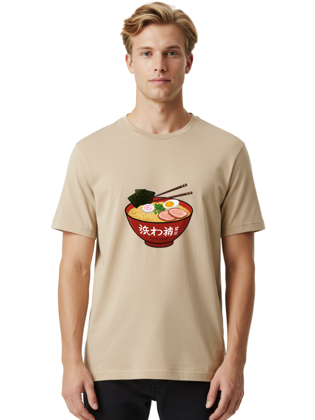 Velqal-Woosap Men'S Graphic Tee, 100% Cotton, Comfortable Casual Summer Wear, Machine Washable, Ramen Noodles, Egg, Seaweed, Pork Slices, Asian Cuisine, Japanese Food, Noodle Soup, Chopsticks, Velogal Woccar Bab570