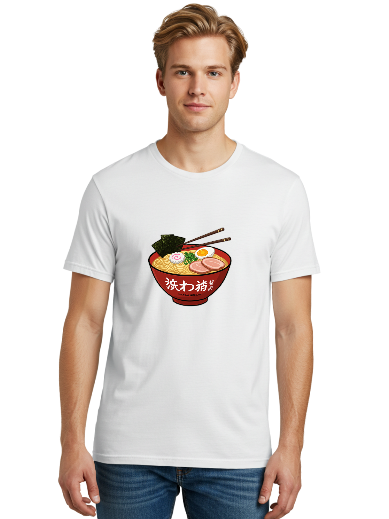Velqal-Woosap Men'S Graphic Tee, 100% Cotton, Comfortable Casual Summer Wear, Machine Washable, Ramen Noodles, Egg, Seaweed, Pork Slices, Asian Cuisine, Japanese Food, Noodle Soup, Chopsticks, Velogal Woccar Bab570