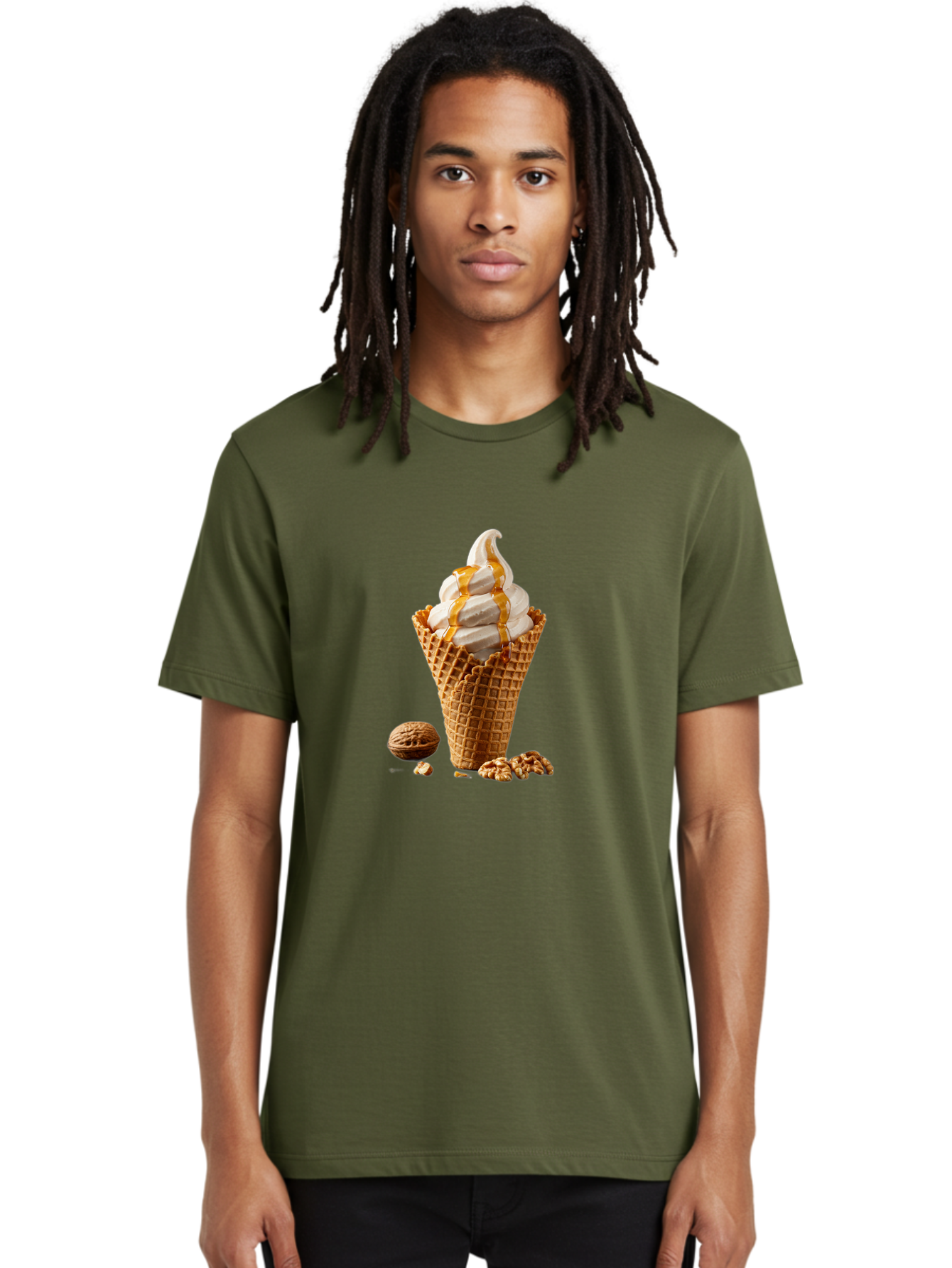 Waffle-Cone-Ice-Cream Men'S Graphic Tee, 100% Cotton, Comfortable Casual Summer Wear, Machine Washable, Caramel Ice Cream, Waffle Cone, Sweet Treats, Desserts, Ice Cream Cone, Caramel Sauce, Walnuts, Crunchy Texture, Delicious Desserts, Bab574