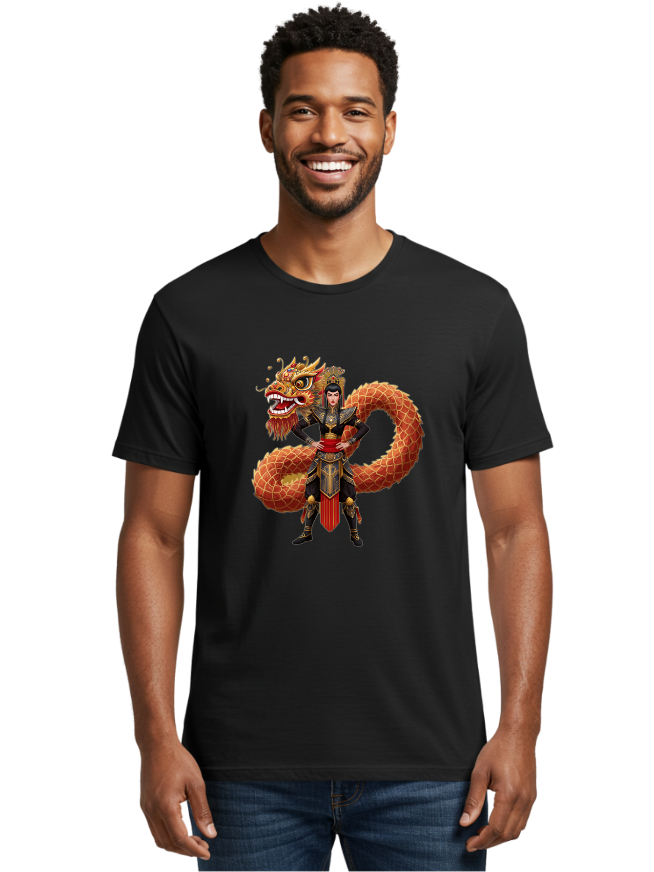Warrior-Dragon Men'S Graphic Tee, 100% Cotton, Comfortable Casual Summer Wear, Machine Washable, Female Warrior, Dragon Companion, Traditional Armor, Gold Accents, Red Sash, Mythical Creature, Fantasy Art, Eastern Mythology, Bab575