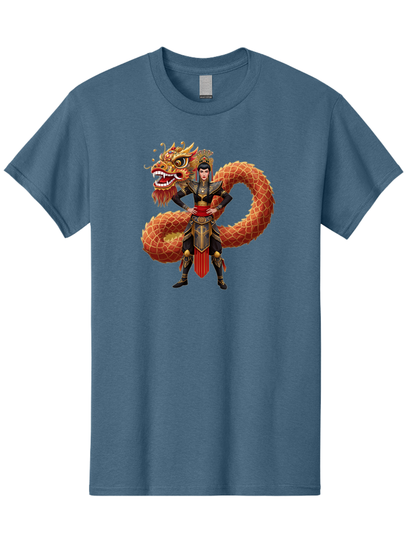 Warrior-Dragon Men'S Graphic Tee, 100% Cotton, Comfortable Casual Summer Wear, Machine Washable, Female Warrior, Dragon Companion, Traditional Armor, Gold Accents, Red Sash, Mythical Creature, Fantasy Art, Eastern Mythology, Bab575
