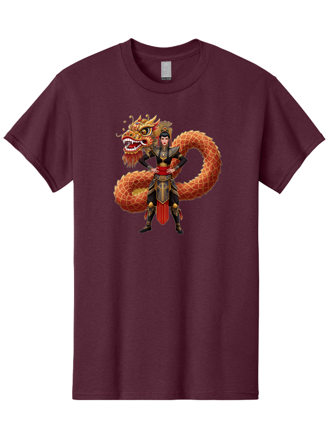 Warrior-Dragon Men'S Graphic Tee, 100% Cotton, Comfortable Casual Summer Wear, Machine Washable, Female Warrior, Dragon Companion, Traditional Armor, Gold Accents, Red Sash, Mythical Creature, Fantasy Art, Eastern Mythology, Bab575