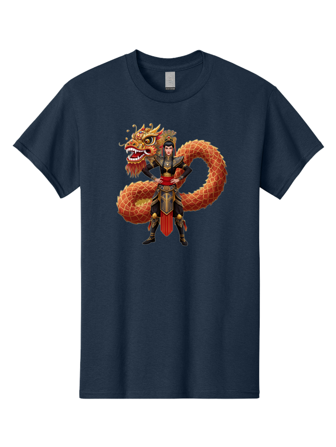 Warrior-Dragon Men'S Graphic Tee, 100% Cotton, Comfortable Casual Summer Wear, Machine Washable, Female Warrior, Dragon Companion, Traditional Armor, Gold Accents, Red Sash, Mythical Creature, Fantasy Art, Eastern Mythology, Bab575