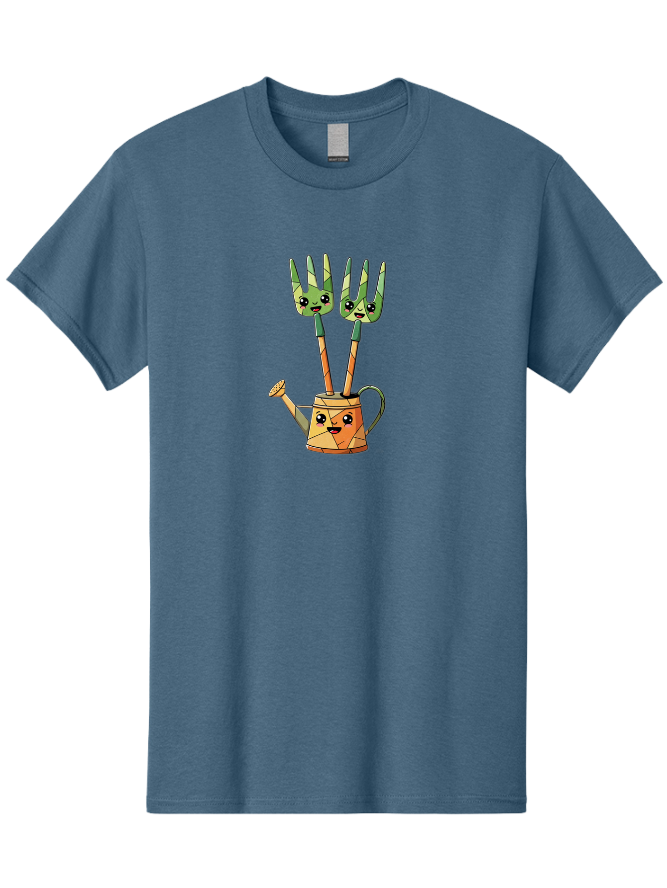 Watering-Can-And-Forks Men'S Graphic Tee, 100% Cotton, Comfortable Casual Summer Wear, Machine Washable, Cartoon Gardening Tools, Anthropomorphic Utensils, Watering Can With Face, Forks As Companions, Gardening Humor, Playful Illustration, Bab576
