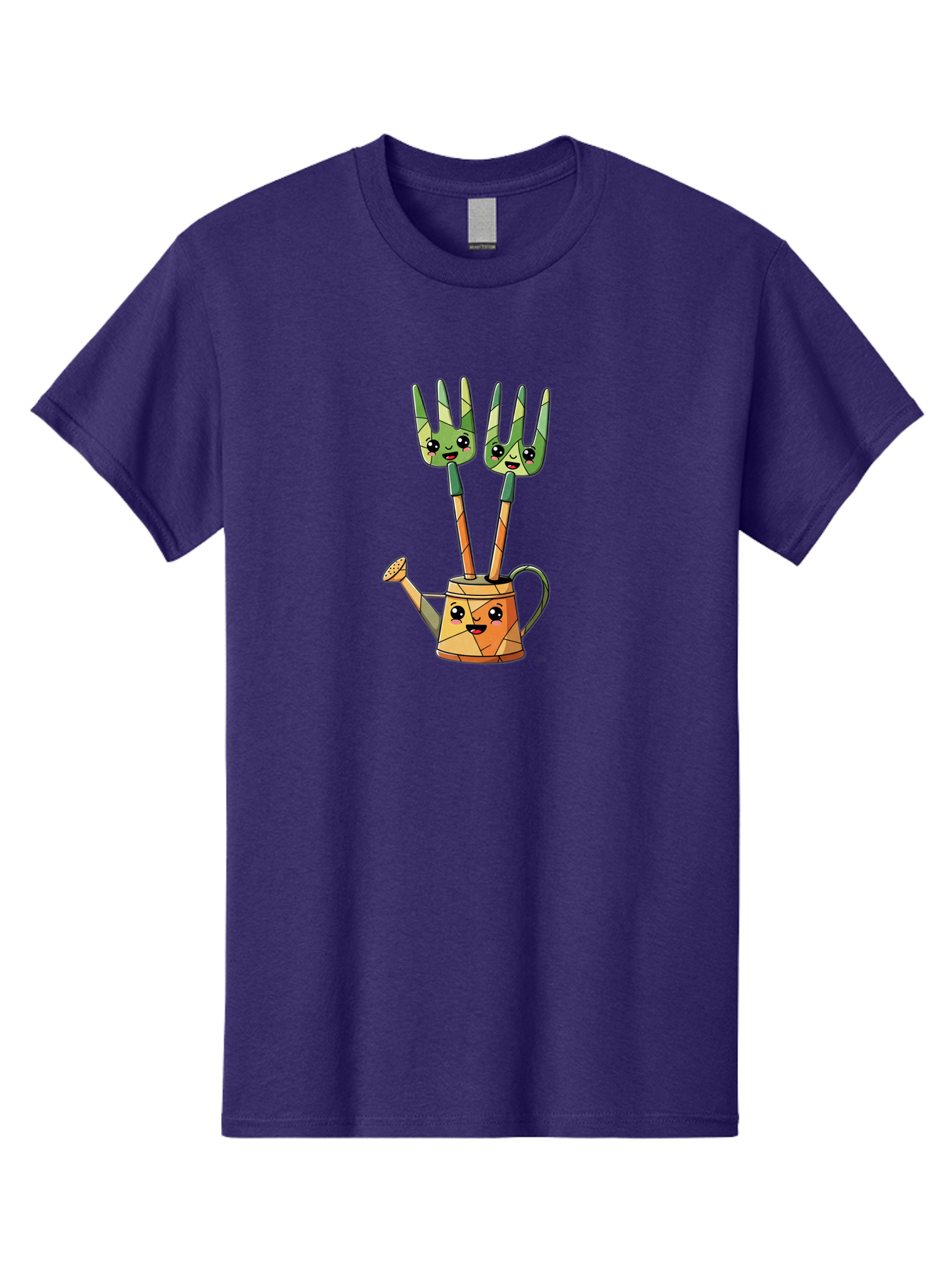 Watering-Can-And-Forks Men'S Graphic Tee, 100% Cotton, Comfortable Casual Summer Wear, Machine Washable, Cartoon Gardening Tools, Anthropomorphic Utensils, Watering Can With Face, Forks As Companions, Gardening Humor, Playful Illustration, Bab576