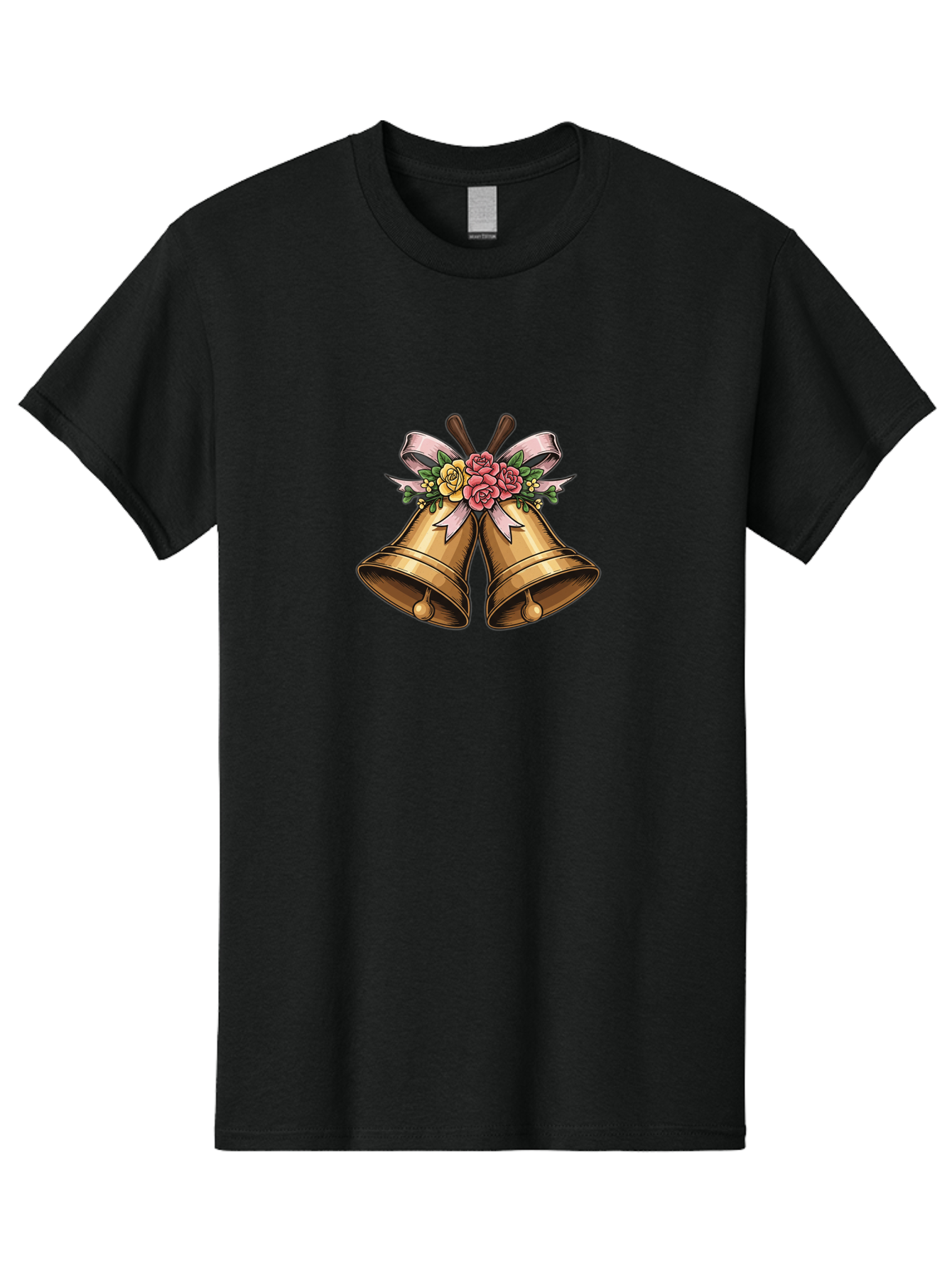 Wedding-Bells Men'S Graphic Tee, 100% Cotton, Comfortable Casual Summer Wear, Machine Washable, Wedding Bells, Golden Bells, Floral Arrangement, Roses, Pink Ribbon, Elegant Design, Wedding Decor, Celebratory Theme, Vintage Style Bab581