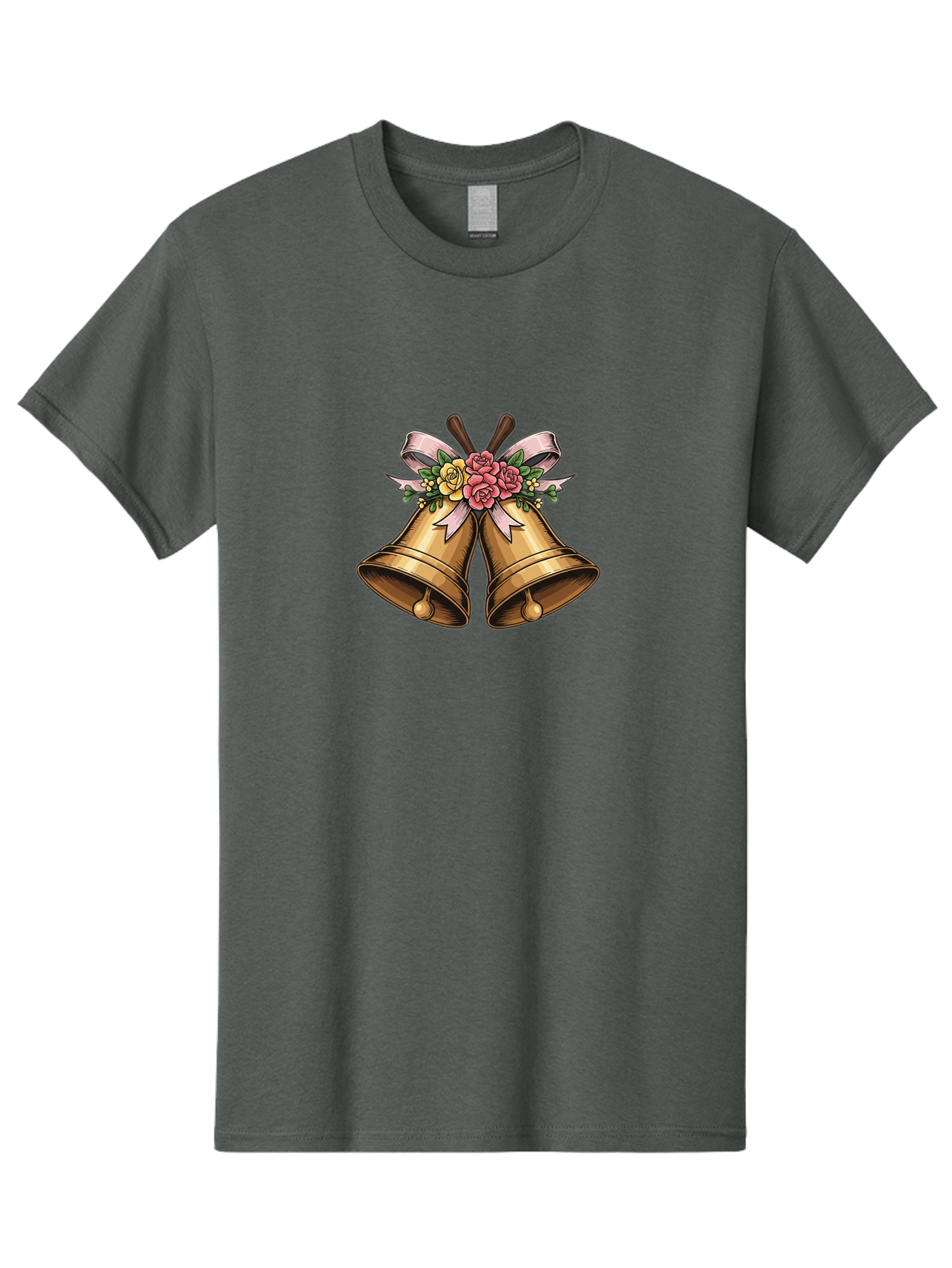 Wedding-Bells Men'S Graphic Tee, 100% Cotton, Comfortable Casual Summer Wear, Machine Washable, Wedding Bells, Golden Bells, Floral Arrangement, Roses, Pink Ribbon, Elegant Design, Wedding Decor, Celebratory Theme, Vintage Style Bab581