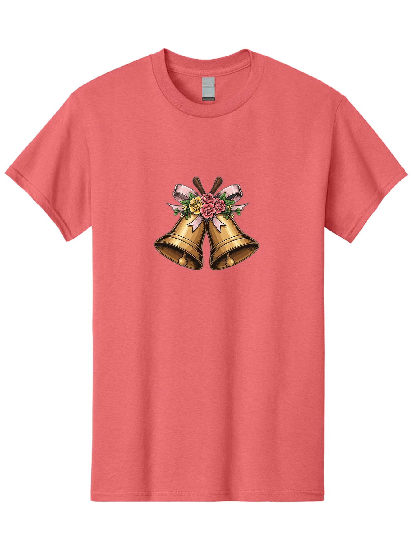 Wedding-Bells Men'S Graphic Tee, 100% Cotton, Comfortable Casual Summer Wear, Machine Washable, Wedding Bells, Golden Bells, Floral Arrangement, Roses, Pink Ribbon, Elegant Design, Wedding Decor, Celebratory Theme, Vintage Style Bab581