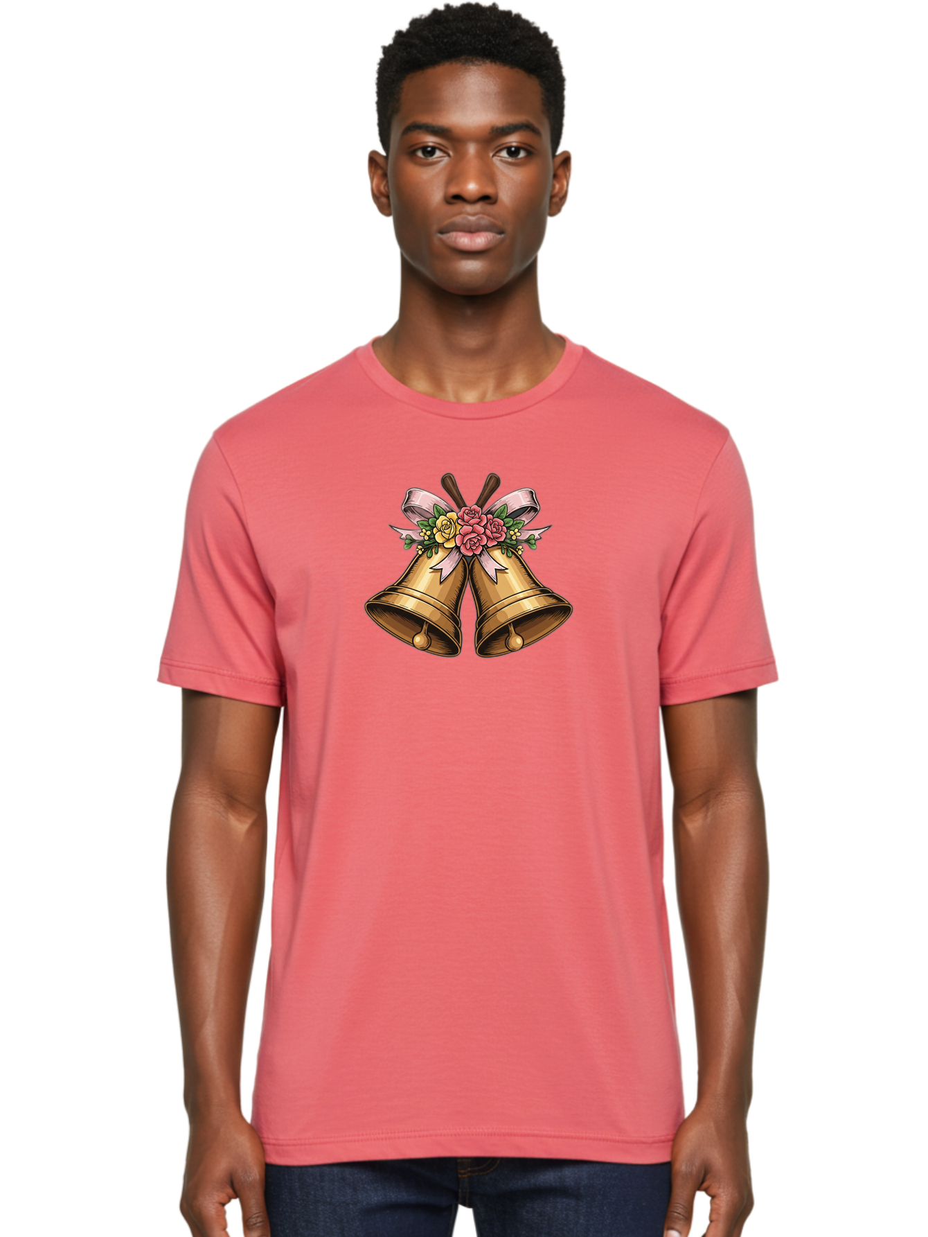 Wedding-Bells Men'S Graphic Tee, 100% Cotton, Comfortable Casual Summer Wear, Machine Washable, Wedding Bells, Golden Bells, Floral Arrangement, Roses, Pink Ribbon, Elegant Design, Wedding Decor, Celebratory Theme, Vintage Style Bab581