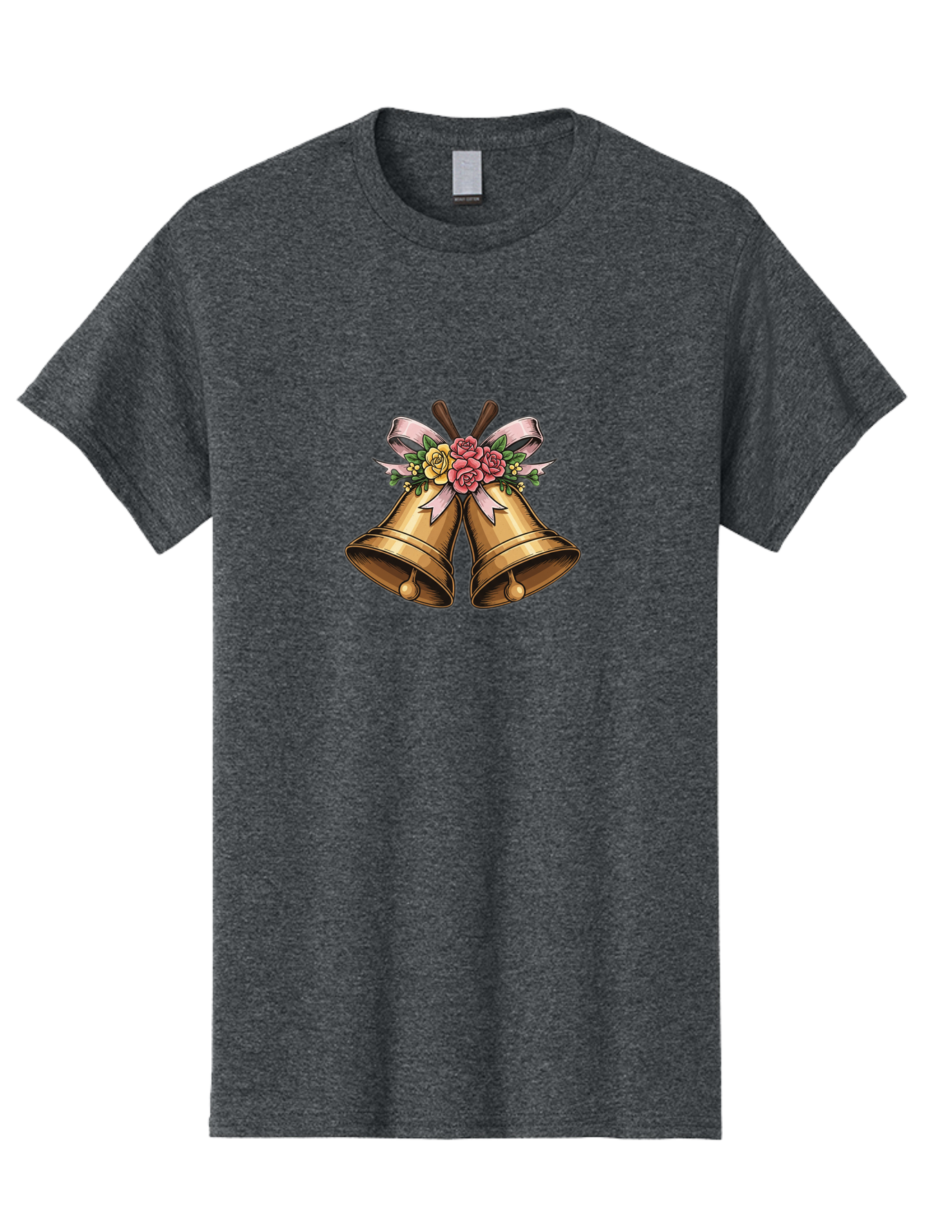 Wedding-Bells Men'S Graphic Tee, 100% Cotton, Comfortable Casual Summer Wear, Machine Washable, Wedding Bells, Golden Bells, Floral Arrangement, Roses, Pink Ribbon, Elegant Design, Wedding Decor, Celebratory Theme, Vintage Style Bab581