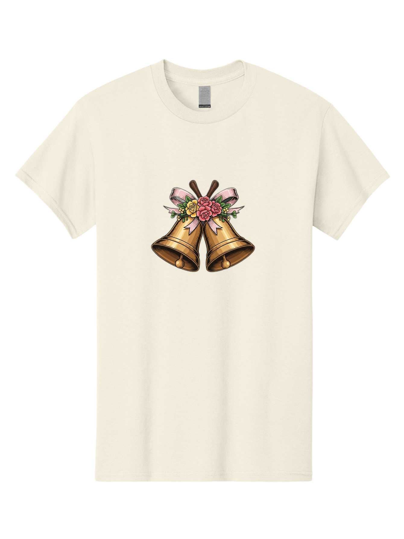Wedding-Bells Men'S Graphic Tee, 100% Cotton, Comfortable Casual Summer Wear, Machine Washable, Wedding Bells, Golden Bells, Floral Arrangement, Roses, Pink Ribbon, Elegant Design, Wedding Decor, Celebratory Theme, Vintage Style Bab581