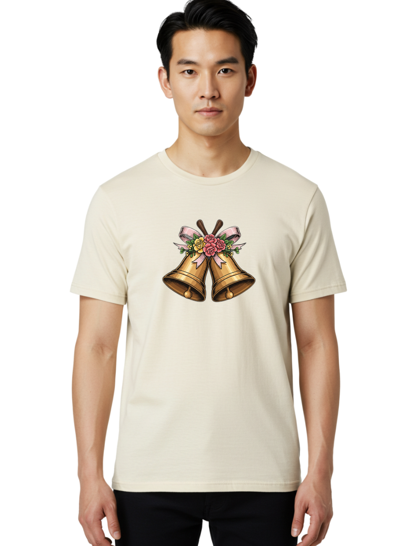 Wedding-Bells Men'S Graphic Tee, 100% Cotton, Comfortable Casual Summer Wear, Machine Washable, Wedding Bells, Golden Bells, Floral Arrangement, Roses, Pink Ribbon, Elegant Design, Wedding Decor, Celebratory Theme, Vintage Style Bab581