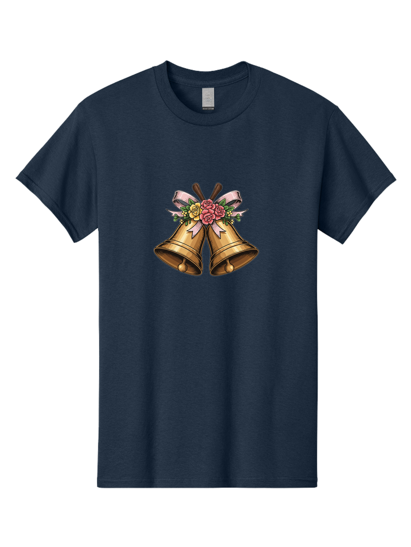 Wedding-Bells Men'S Graphic Tee, 100% Cotton, Comfortable Casual Summer Wear, Machine Washable, Wedding Bells, Golden Bells, Floral Arrangement, Roses, Pink Ribbon, Elegant Design, Wedding Decor, Celebratory Theme, Vintage Style Bab581