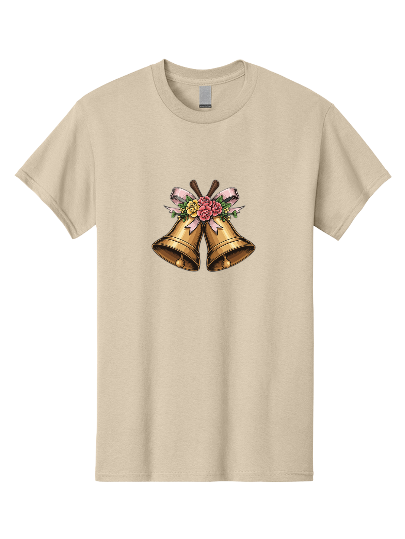 Wedding-Bells Men'S Graphic Tee, 100% Cotton, Comfortable Casual Summer Wear, Machine Washable, Wedding Bells, Golden Bells, Floral Arrangement, Roses, Pink Ribbon, Elegant Design, Wedding Decor, Celebratory Theme, Vintage Style Bab581