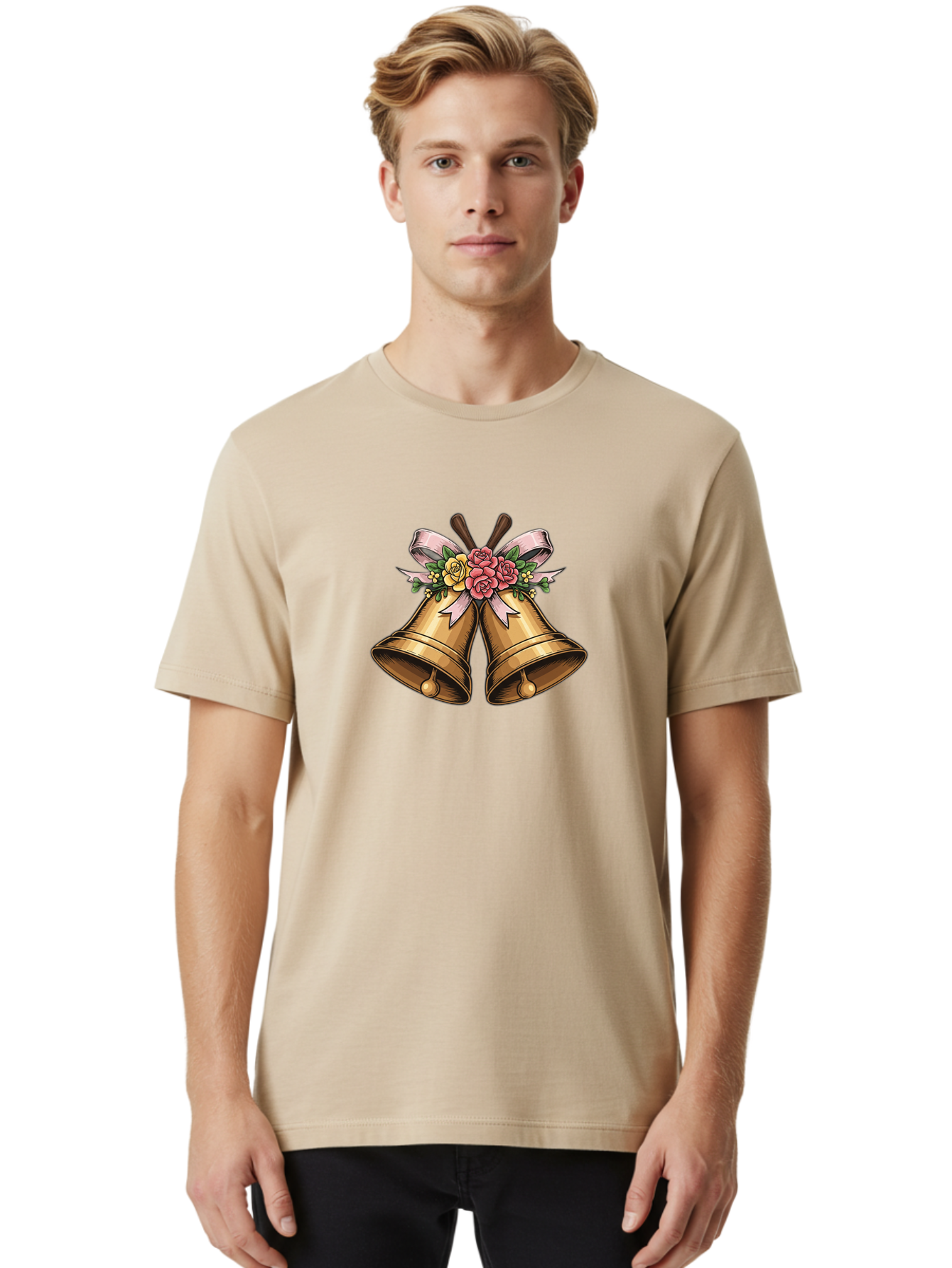 Wedding-Bells Men'S Graphic Tee, 100% Cotton, Comfortable Casual Summer Wear, Machine Washable, Wedding Bells, Golden Bells, Floral Arrangement, Roses, Pink Ribbon, Elegant Design, Wedding Decor, Celebratory Theme, Vintage Style Bab581