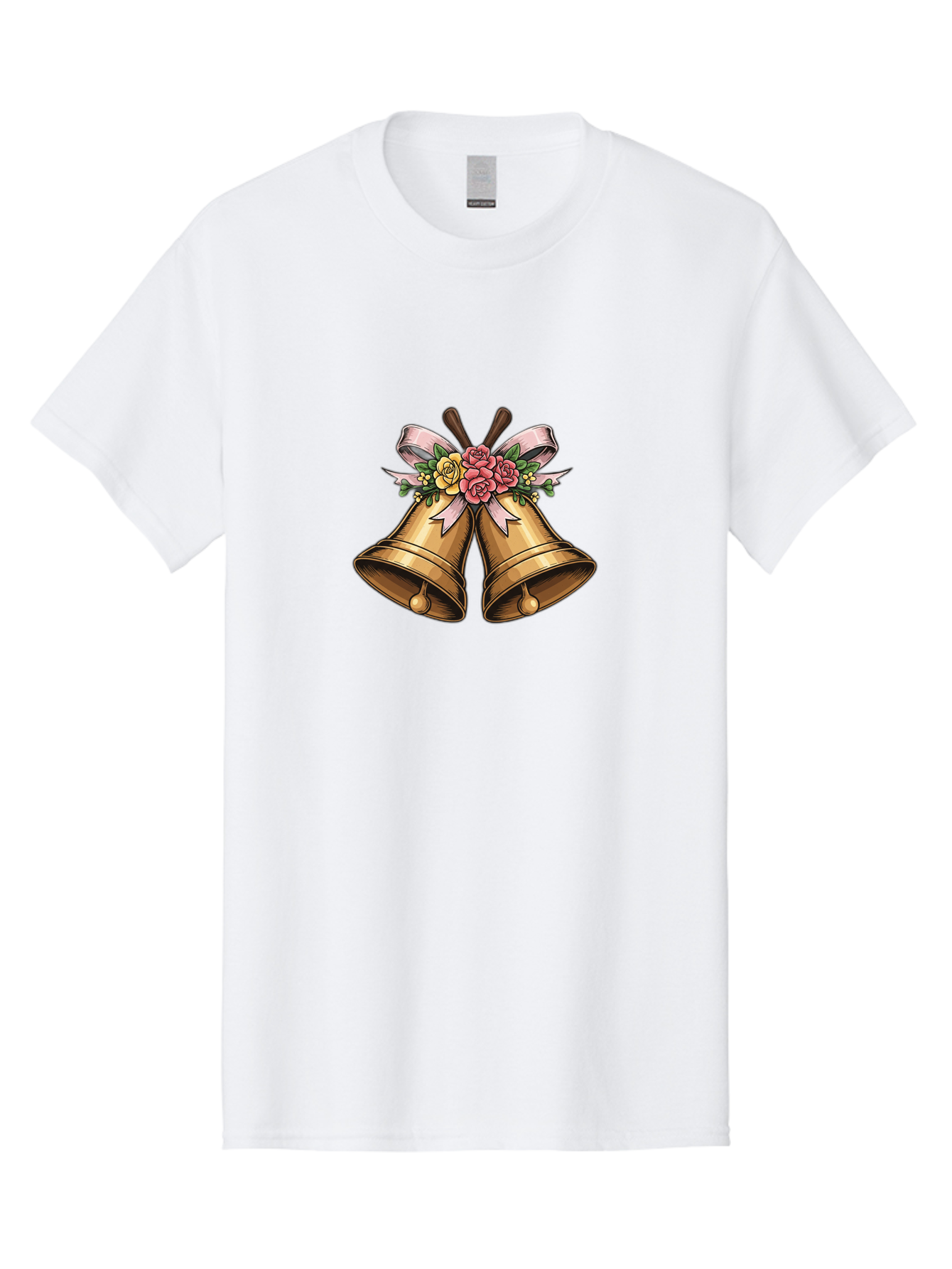 Wedding-Bells Men'S Graphic Tee, 100% Cotton, Comfortable Casual Summer Wear, Machine Washable, Wedding Bells, Golden Bells, Floral Arrangement, Roses, Pink Ribbon, Elegant Design, Wedding Decor, Celebratory Theme, Vintage Style Bab581