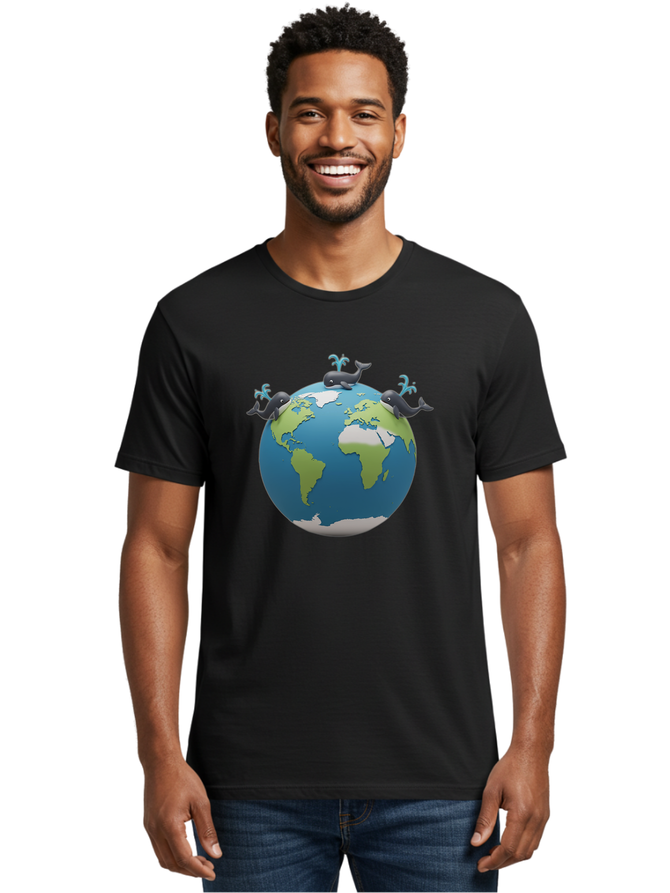 Whales-On-Globe Men'S Graphic Tee, 100% Cotton, Comfortable Casual Summer Wear, Machine Washable, Whales On Earth, Global Unity, 3D Illustration, World Map, Marine Animals, Ocean Conservation, Environmental Awareness, Cartoon Style Bab582