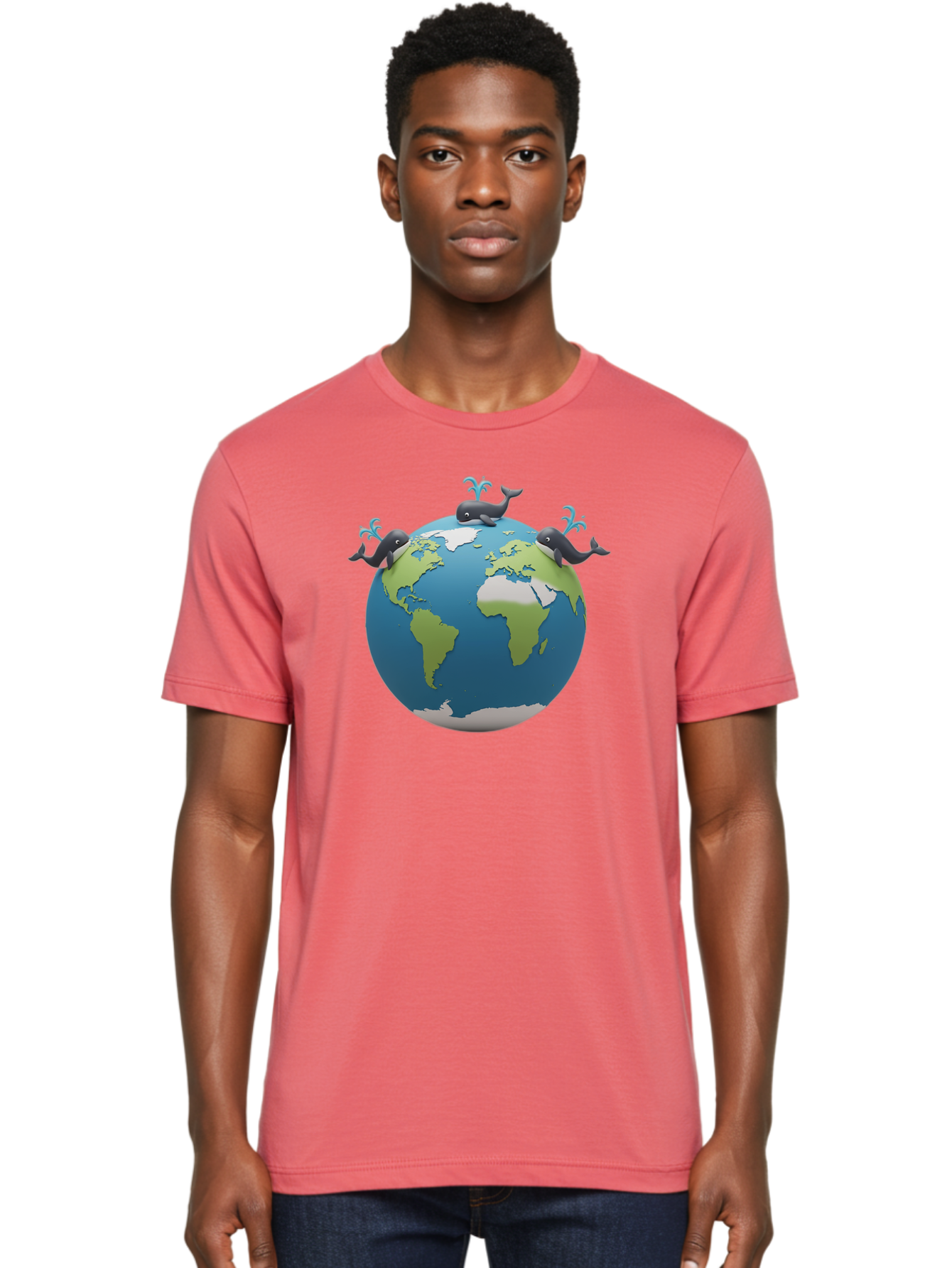 Whales-On-Globe Men'S Graphic Tee, 100% Cotton, Comfortable Casual Summer Wear, Machine Washable, Whales On Earth, Global Unity, 3D Illustration, World Map, Marine Animals, Ocean Conservation, Environmental Awareness, Cartoon Style Bab582