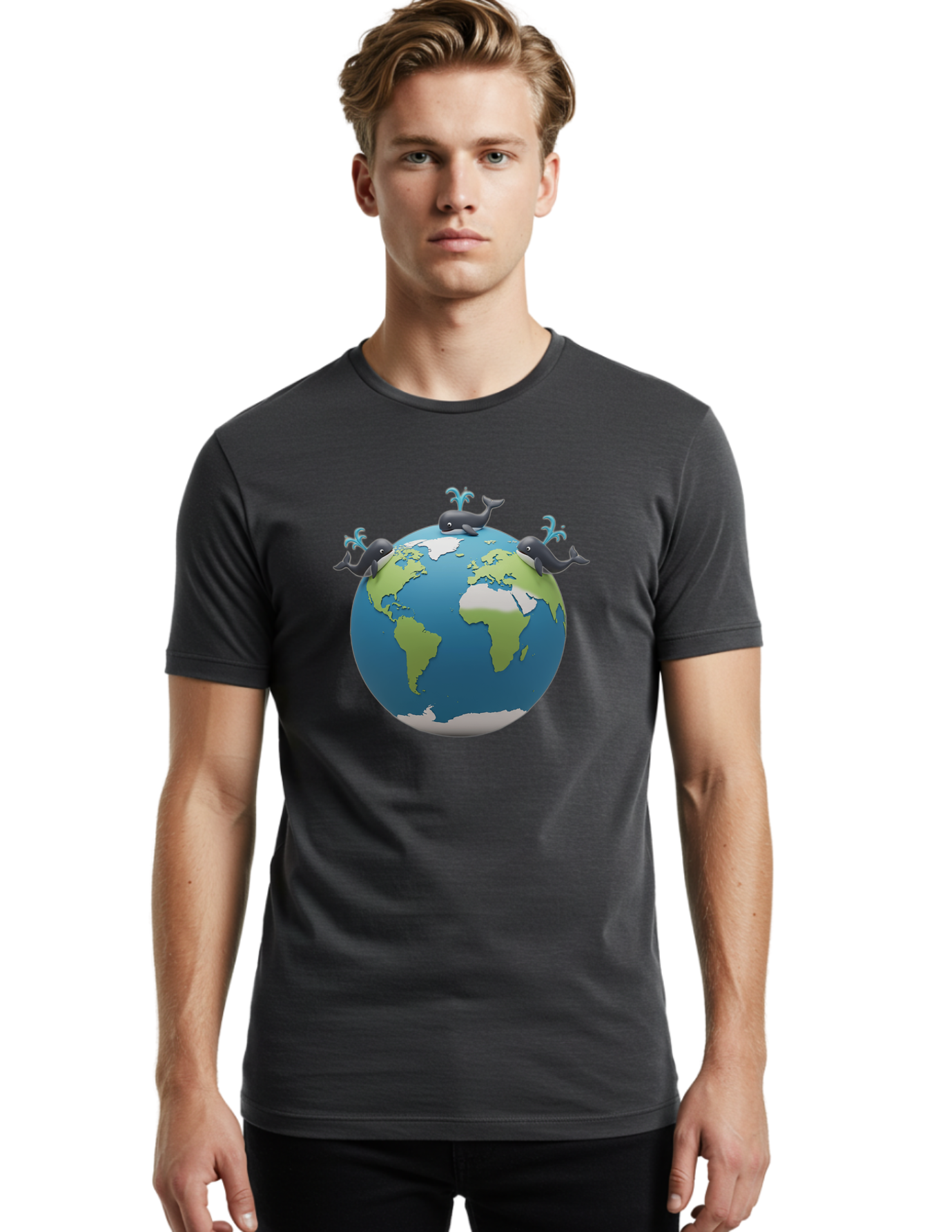 Whales-On-Globe Men'S Graphic Tee, 100% Cotton, Comfortable Casual Summer Wear, Machine Washable, Whales On Earth, Global Unity, 3D Illustration, World Map, Marine Animals, Ocean Conservation, Environmental Awareness, Cartoon Style Bab582