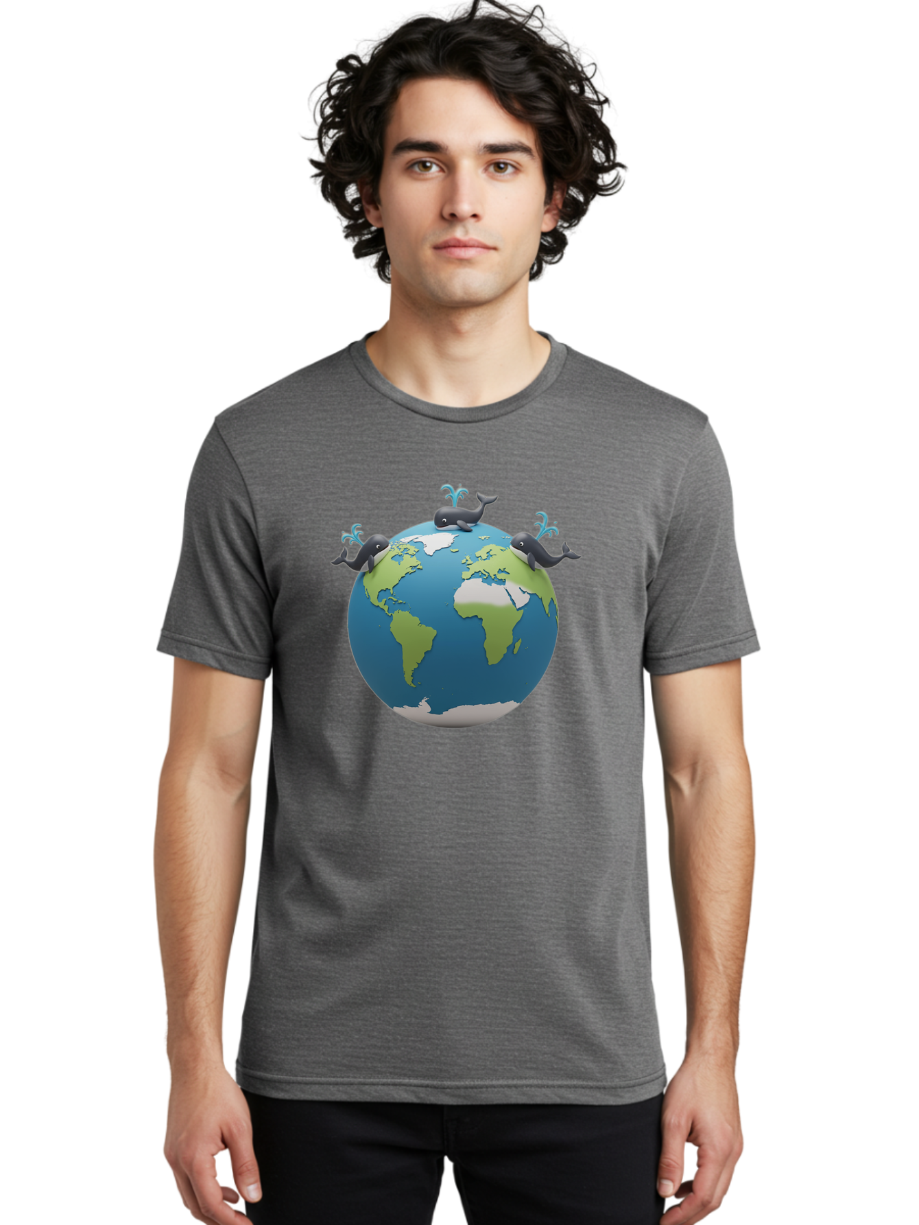 Whales-On-Globe Men'S Graphic Tee, 100% Cotton, Comfortable Casual Summer Wear, Machine Washable, Whales On Earth, Global Unity, 3D Illustration, World Map, Marine Animals, Ocean Conservation, Environmental Awareness, Cartoon Style Bab582