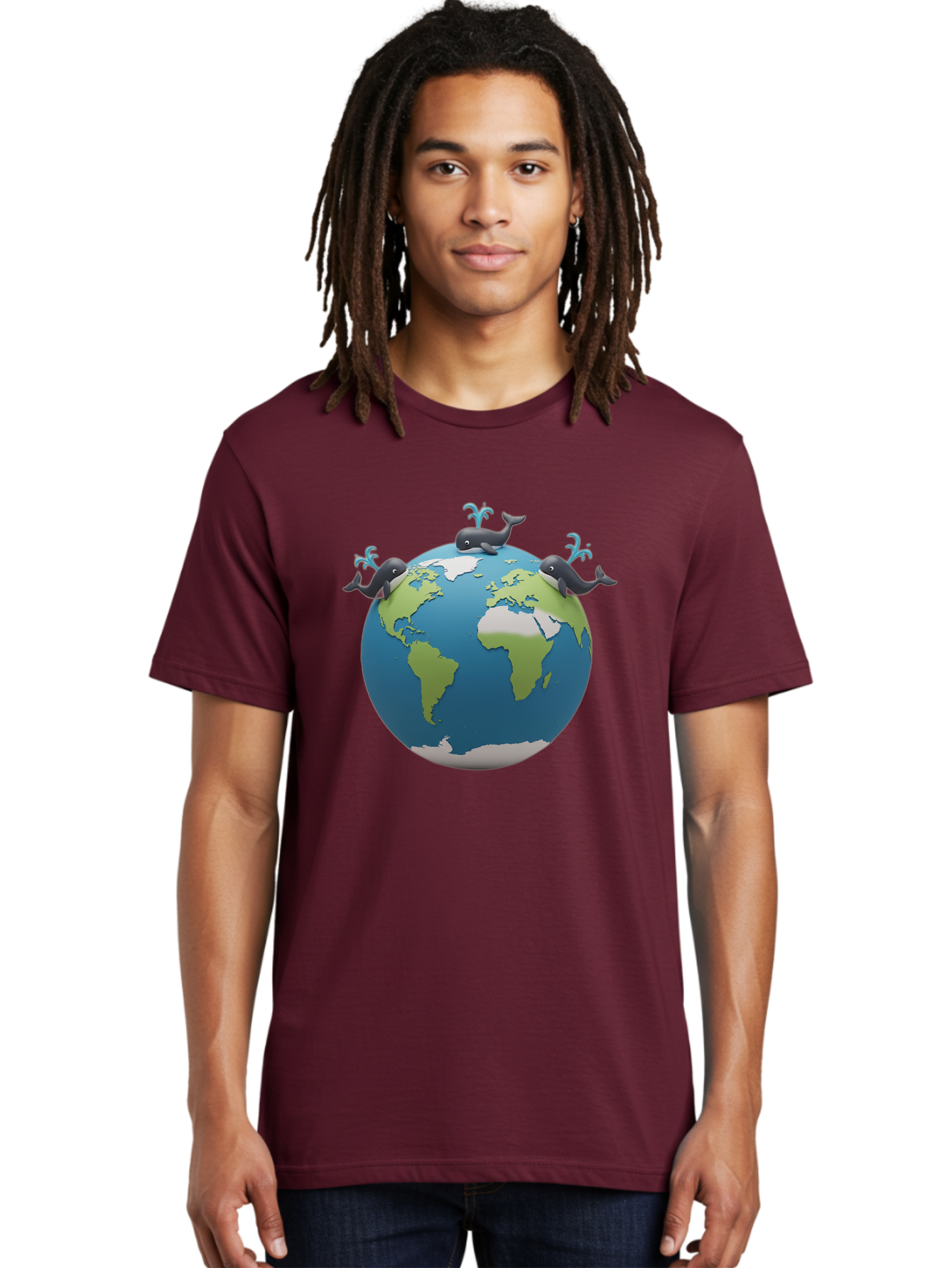 Whales-On-Globe Men'S Graphic Tee, 100% Cotton, Comfortable Casual Summer Wear, Machine Washable, Whales On Earth, Global Unity, 3D Illustration, World Map, Marine Animals, Ocean Conservation, Environmental Awareness, Cartoon Style Bab582