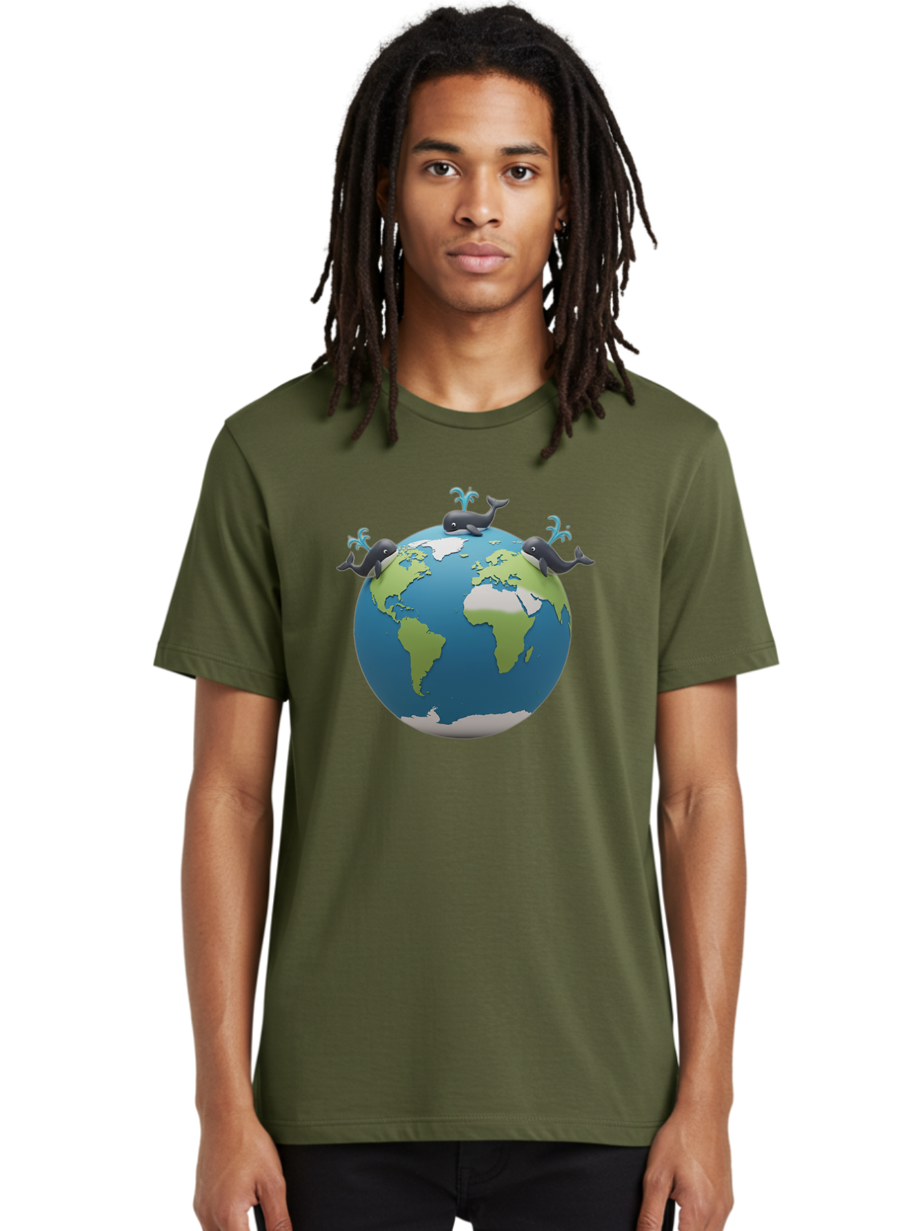 Whales-On-Globe Men'S Graphic Tee, 100% Cotton, Comfortable Casual Summer Wear, Machine Washable, Whales On Earth, Global Unity, 3D Illustration, World Map, Marine Animals, Ocean Conservation, Environmental Awareness, Cartoon Style Bab582