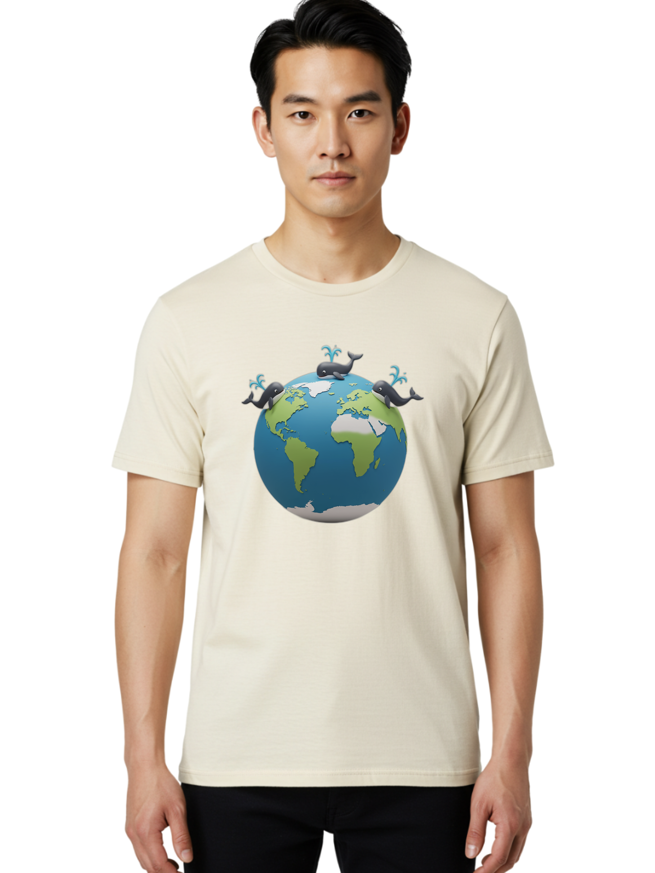 Whales-On-Globe Men'S Graphic Tee, 100% Cotton, Comfortable Casual Summer Wear, Machine Washable, Whales On Earth, Global Unity, 3D Illustration, World Map, Marine Animals, Ocean Conservation, Environmental Awareness, Cartoon Style Bab582