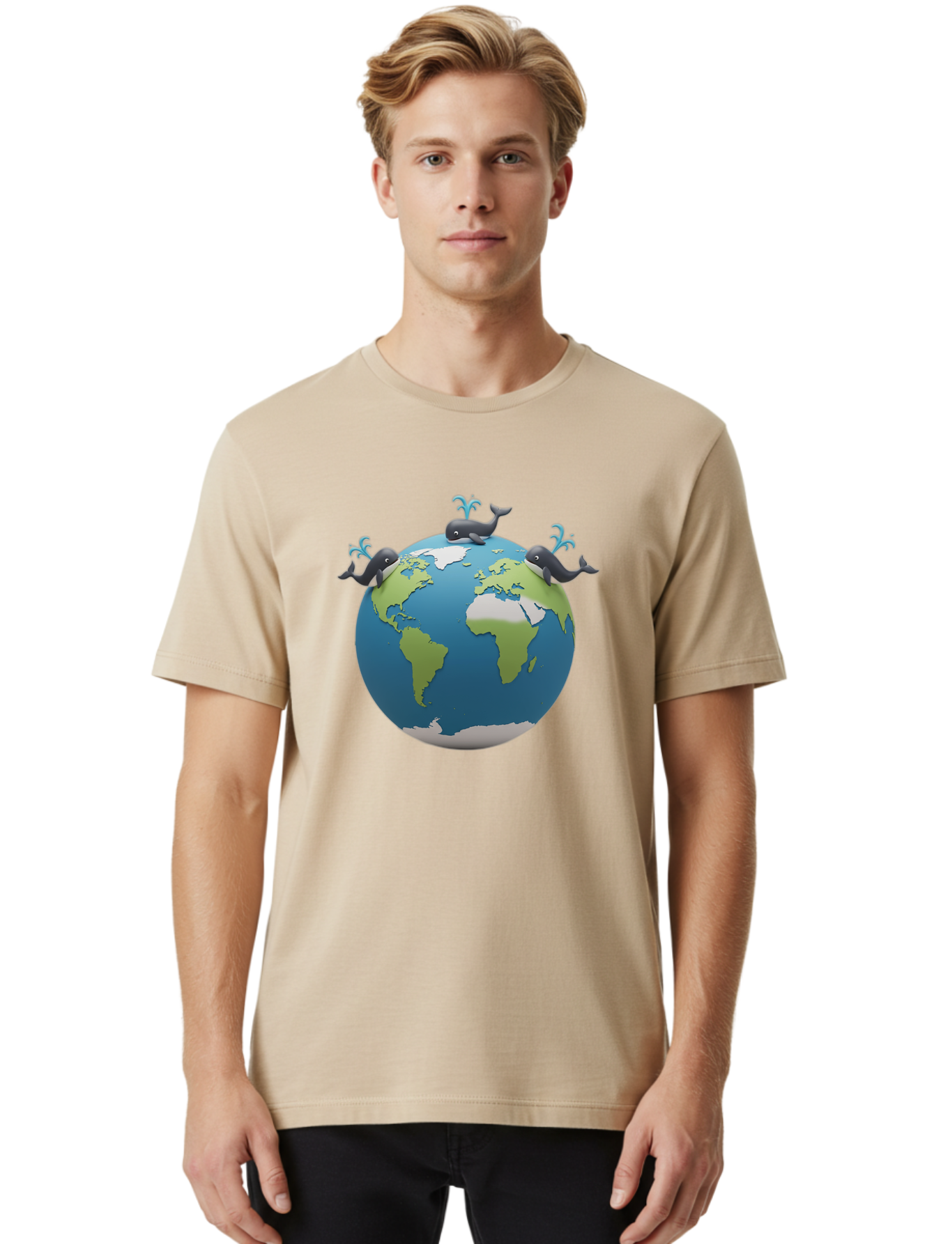 Whales-On-Globe Men'S Graphic Tee, 100% Cotton, Comfortable Casual Summer Wear, Machine Washable, Whales On Earth, Global Unity, 3D Illustration, World Map, Marine Animals, Ocean Conservation, Environmental Awareness, Cartoon Style Bab582