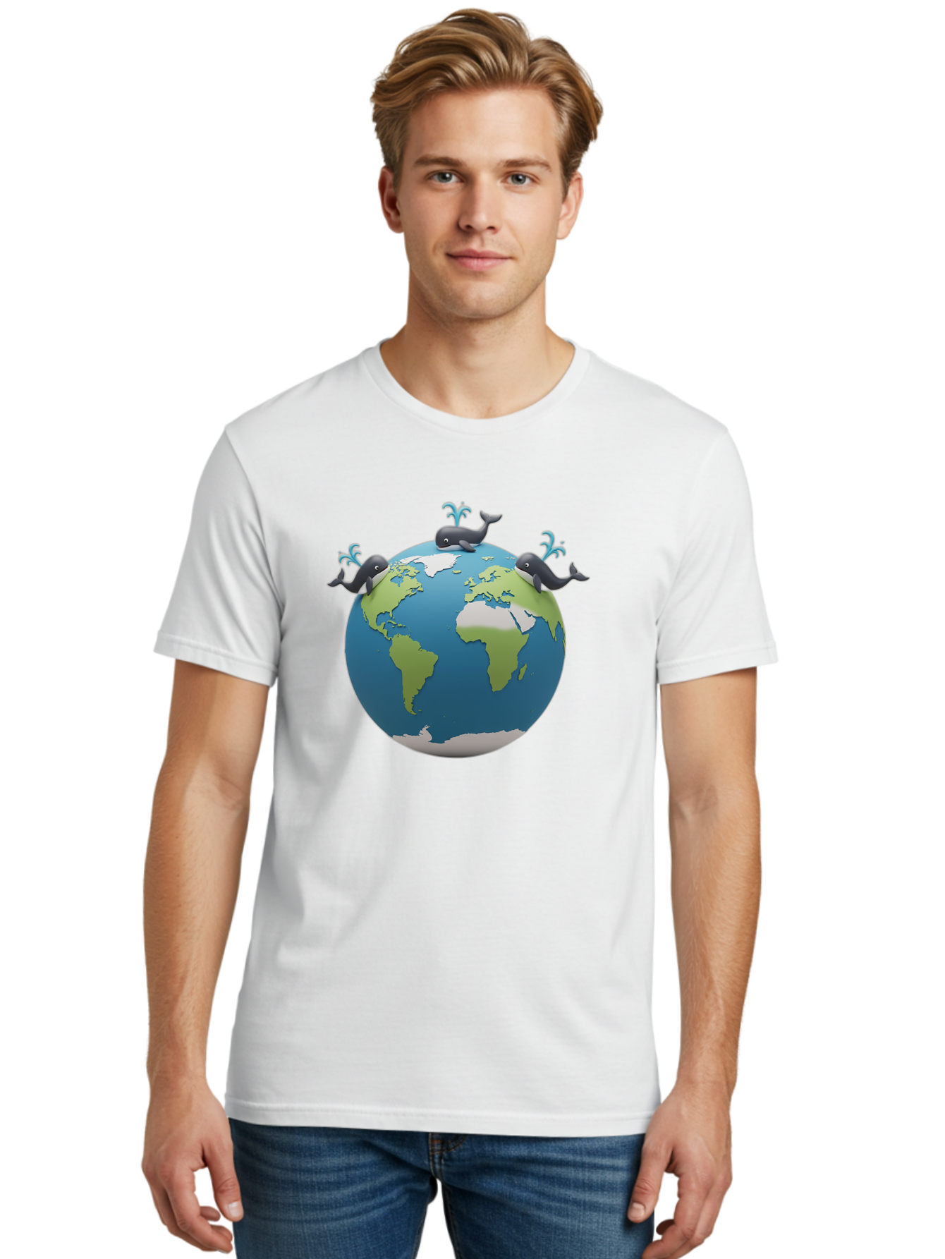 Whales-On-Globe Men'S Graphic Tee, 100% Cotton, Comfortable Casual Summer Wear, Machine Washable, Whales On Earth, Global Unity, 3D Illustration, World Map, Marine Animals, Ocean Conservation, Environmental Awareness, Cartoon Style Bab582