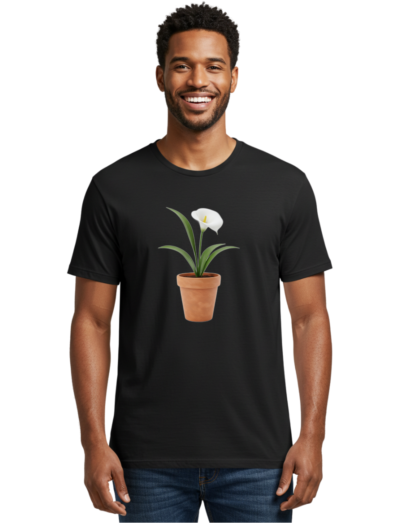 White-Calla-Lily Men'S Graphic Tee, 100% Cotton, Comfortable Casual Summer Wear, Machine Washable, Calla Lily, White Flower, Potted Plant, Terracotta Pot, Elegant Bloom, Floral Beauty, Simple Decor, Home Decor, Yellow Stamen, Green Leaves, Bab584
