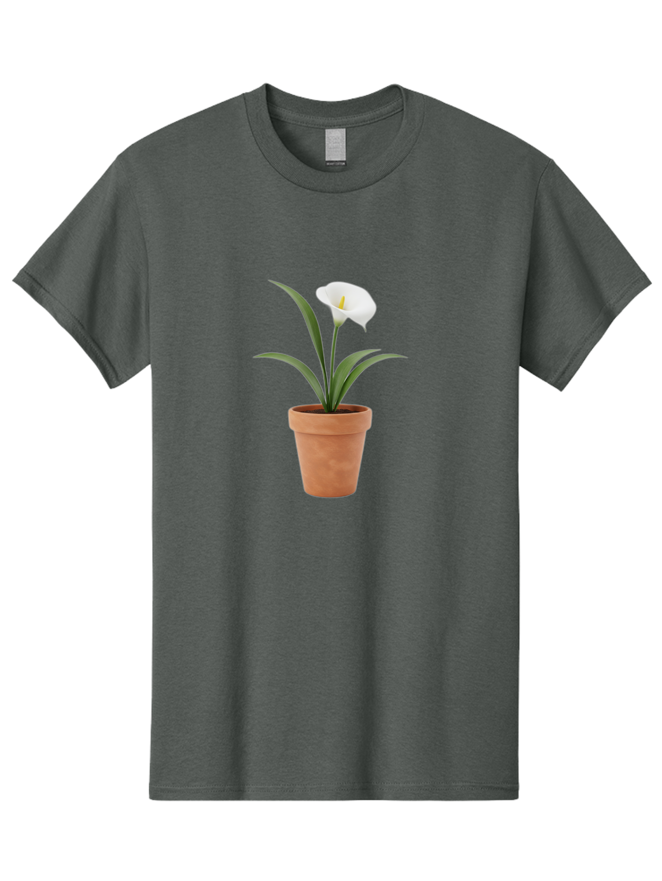 White-Calla-Lily Men'S Graphic Tee, 100% Cotton, Comfortable Casual Summer Wear, Machine Washable, Calla Lily, White Flower, Potted Plant, Terracotta Pot, Elegant Bloom, Floral Beauty, Simple Decor, Home Decor, Yellow Stamen, Green Leaves, Bab584